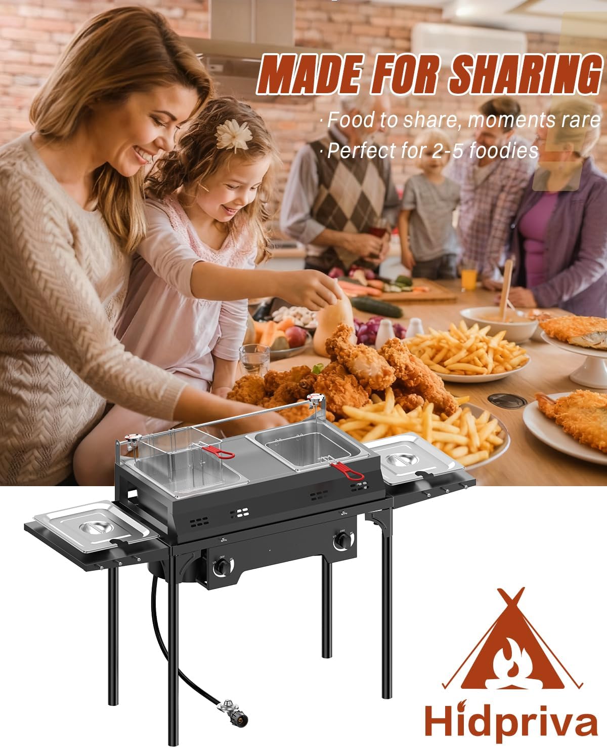 Outdoor Propane Deep Fryer | Dual-Tank Commercial Fryer | 2x8QT Stainless Steel Pots with Baskets & Lids | 40,000 BTU Independent Cast Iron Burners | Side Tables, Thermometers & Tongs