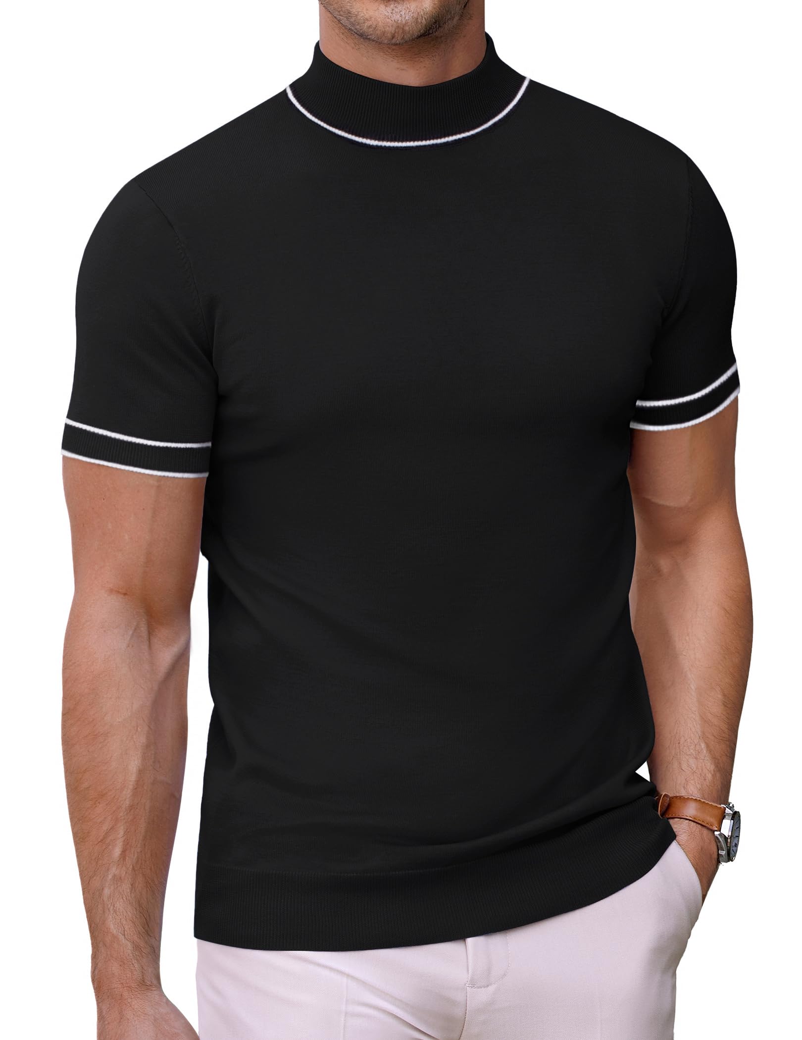 COOFANDY Maglietta da Uomo con Colletto Alto, a Maglia, da Uomo, a Maniche Corte, a Mezza Colletto, Slim Fit, Basic Top