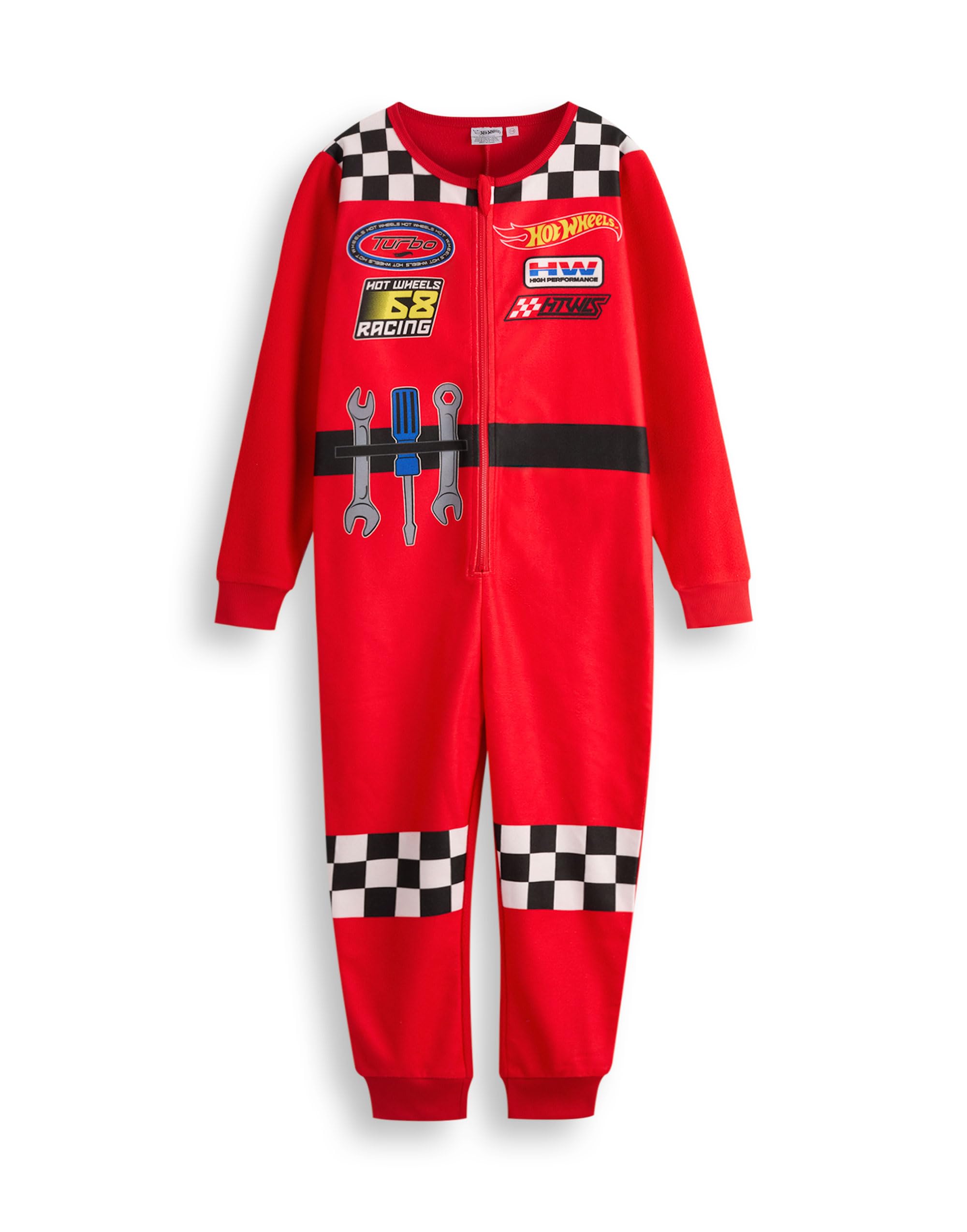 Hot Wheels Combinaison pour Garçons | Pyjama Tout-en-Un pour Enfants en Rouge | Combinaison de Nuit en Fleece avec Fermeture Éclair, Flammes de Course, Outils et Motif à Carreaux