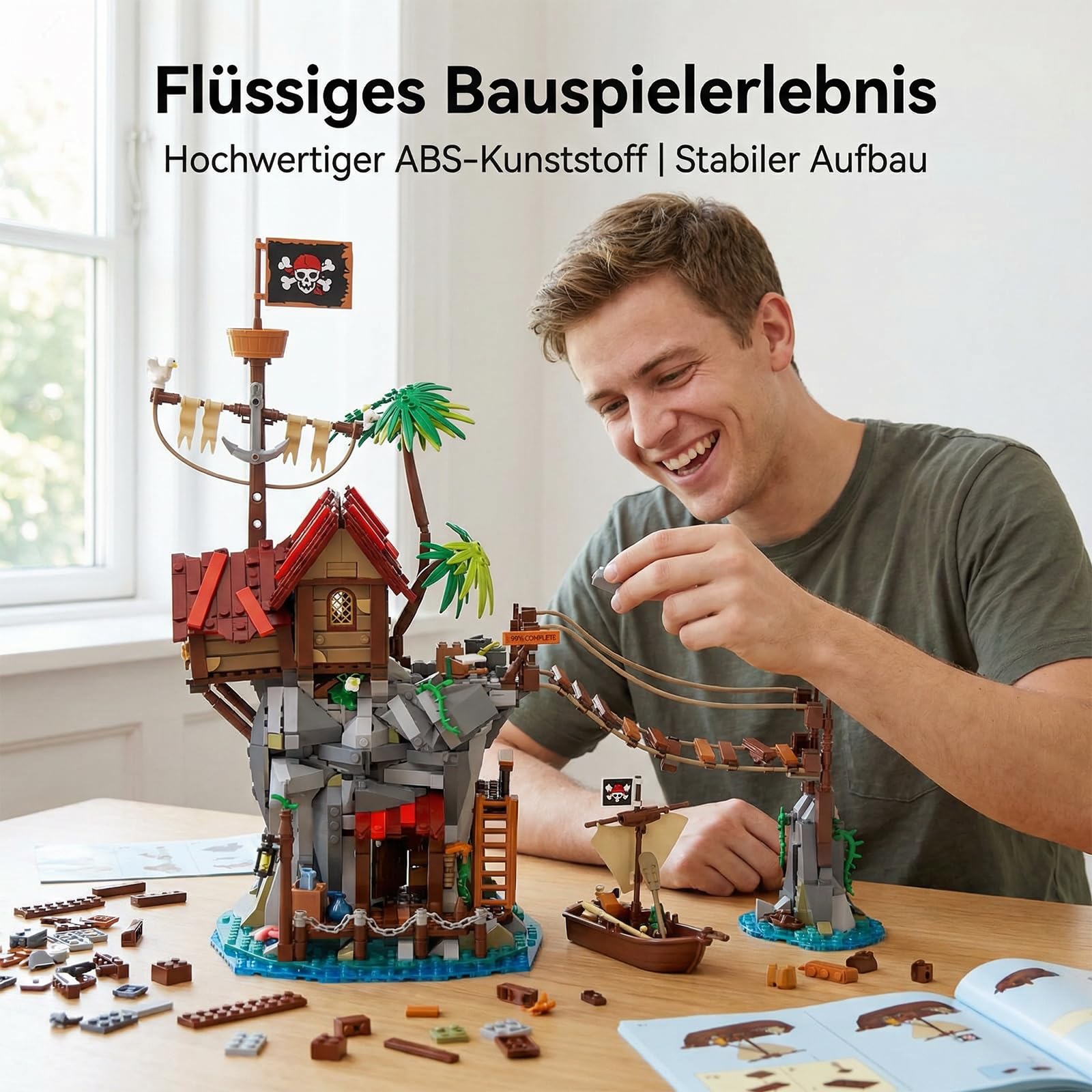 Piratenbucht Kliffhütte Mittelalter Klemmbausteine Haus, Cliffside Broken Mast Cabin Bausatz Modular Building für Erwachsene (1044 Teile)