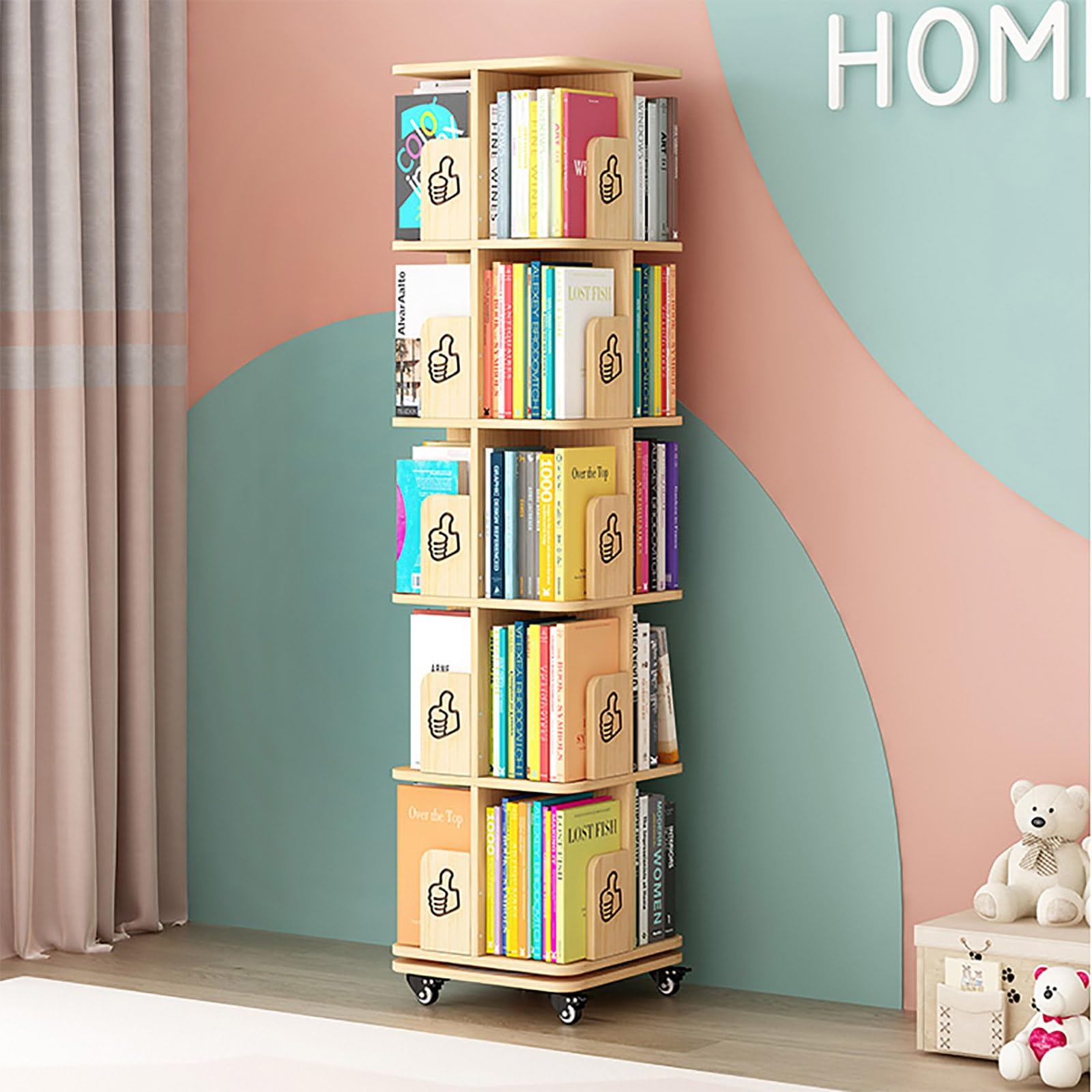 Amazon｜無垢材360°回転式本棚 3/5段 本棚 回転 大容量 絵本棚 省