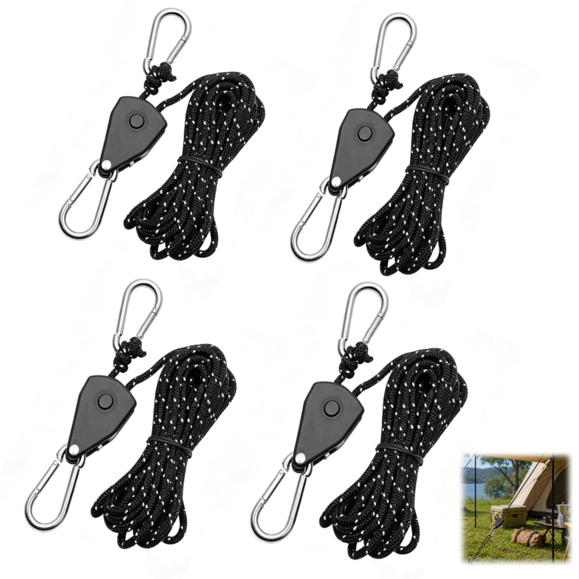 Kaaeiccr 4 Pcs Guy Ropes, Pulley Tensioner Adjuster, Tent Windproof Kit