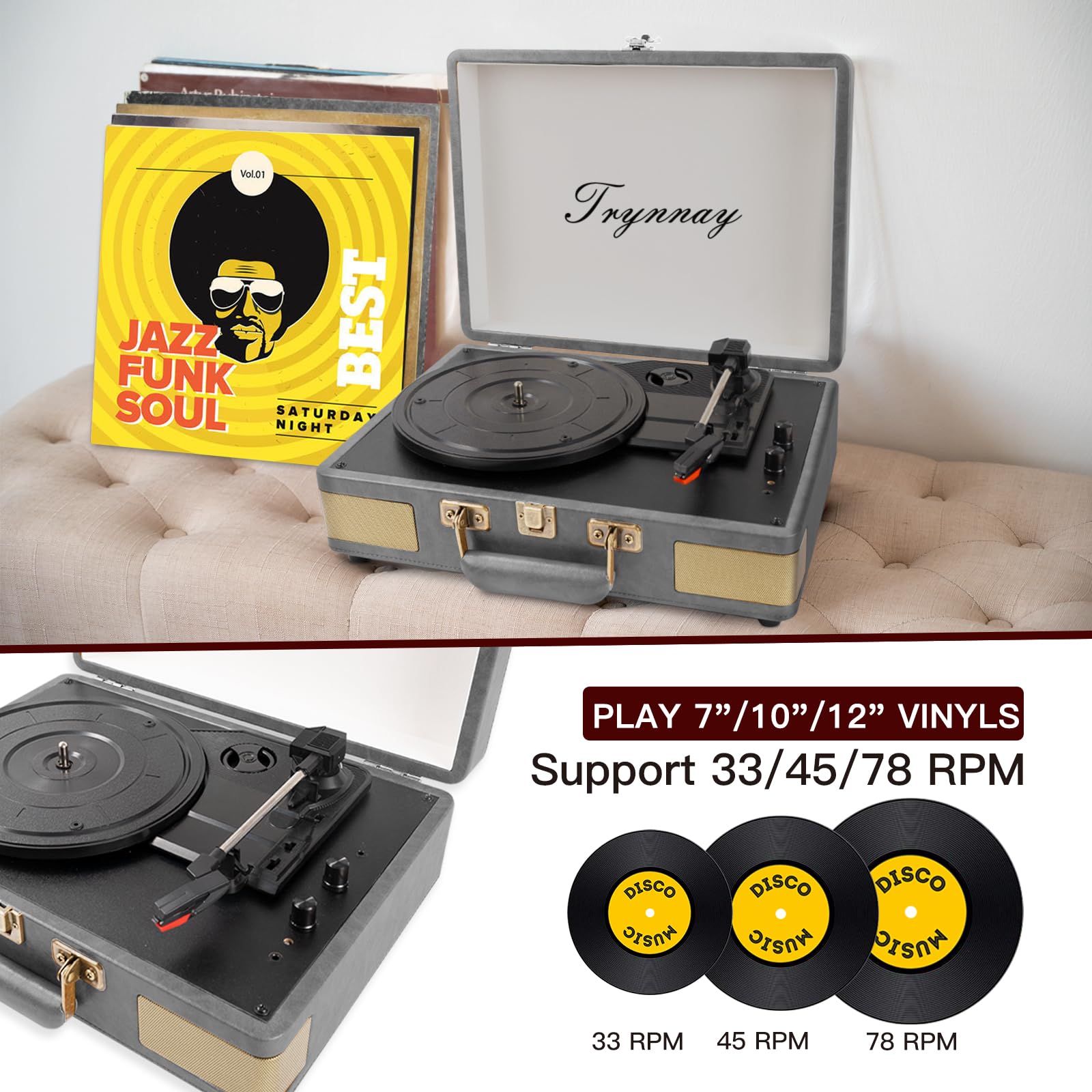 Trynnay Giradischi a 3 marce, lettore portatile in vinile con altoparlanti integrati, giradischi, audio migliorato, pelle PU, Retro Grey