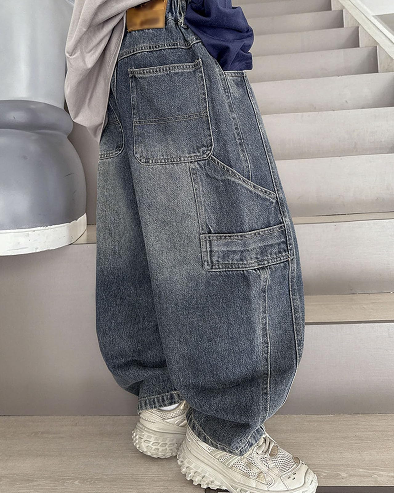 Vaquero Baggy para niños, Cintura Alta Informal, Cintura elástica, Pantalones Vaqueros de Pierna Recta