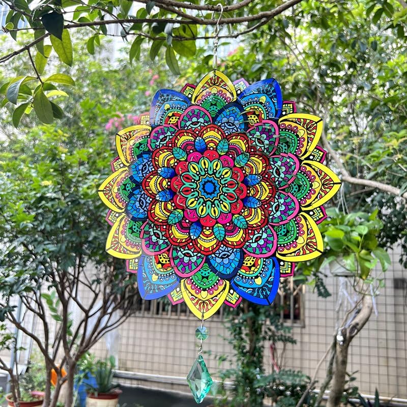 Miniatura 2 de HZSprance Molinillo de viento con diseño de mandala, escultura de jardín de acero inoxidable 3D de 12 pulgadas, para colgar en el patio, decoración
