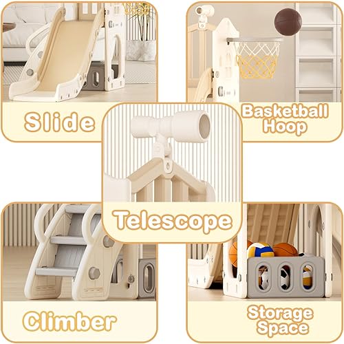 Miniatura 2 de YUFU Tobogán 5 en 1 para niños pequeños, tobogán para niños con escalador, aro de baloncesto y pelota, juego para interiores y exteriores para niños