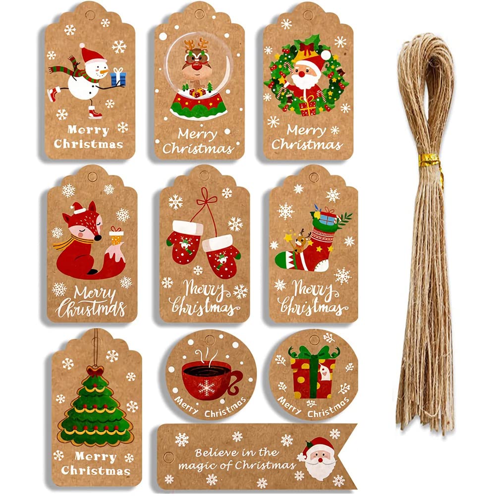 50Pcs Xmas Kraft Paper Tags Card, Christmas Labels Brown for DIY Xmas Holiday Present Wrap Stamp and Label Package Name Card (10 Styles)