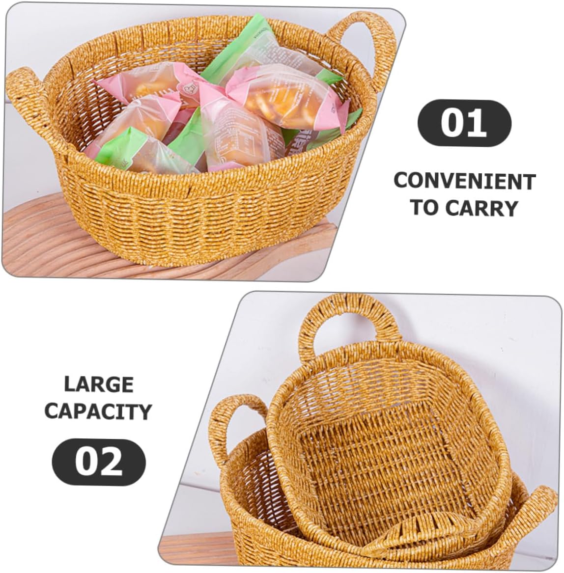 Simulated Rattan Serving Basket with Double Handles, Large Deep Oval Bread and Fruit Tray, Lightweight Snack Storage Organizer for Home and Outdoor Picnic