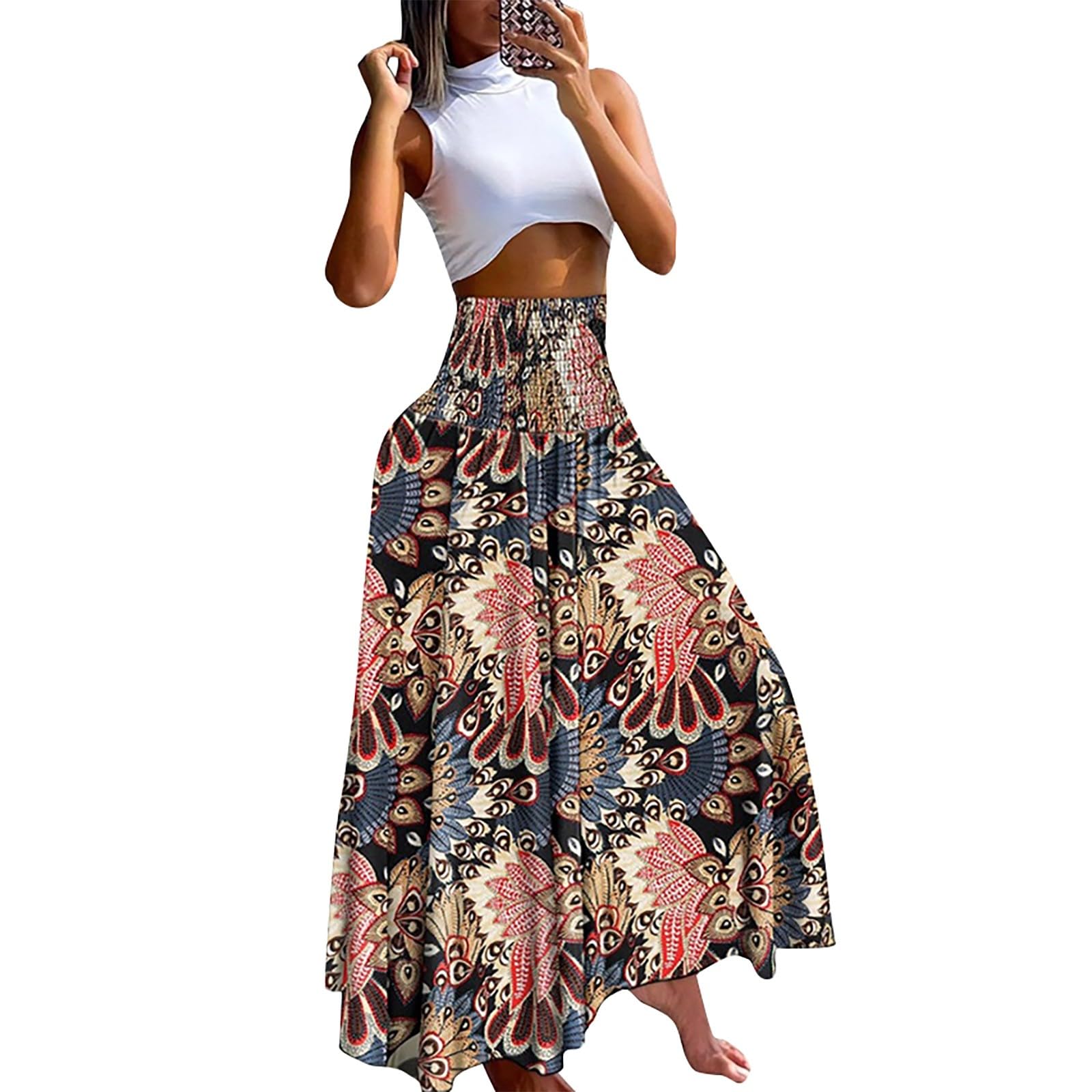 Women Maxi Skirts Sexy Ruffle Long Skirts Drawstring a Line Elastic Waist Boho Skirt Lightweight Soft Flowy Skirt