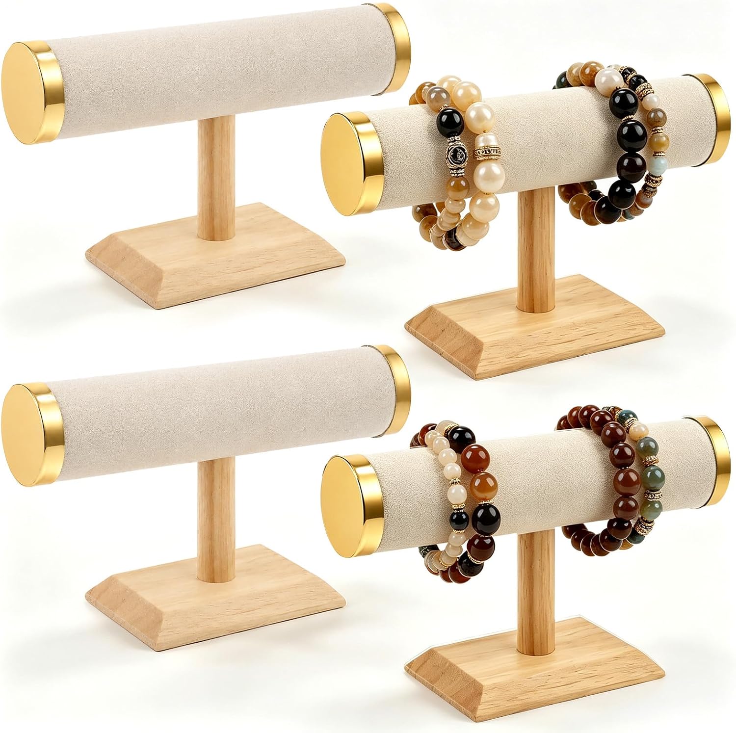 4 Pcs Velvet Bracelet Display Stand Gold Ends White for Jewelry Organizer