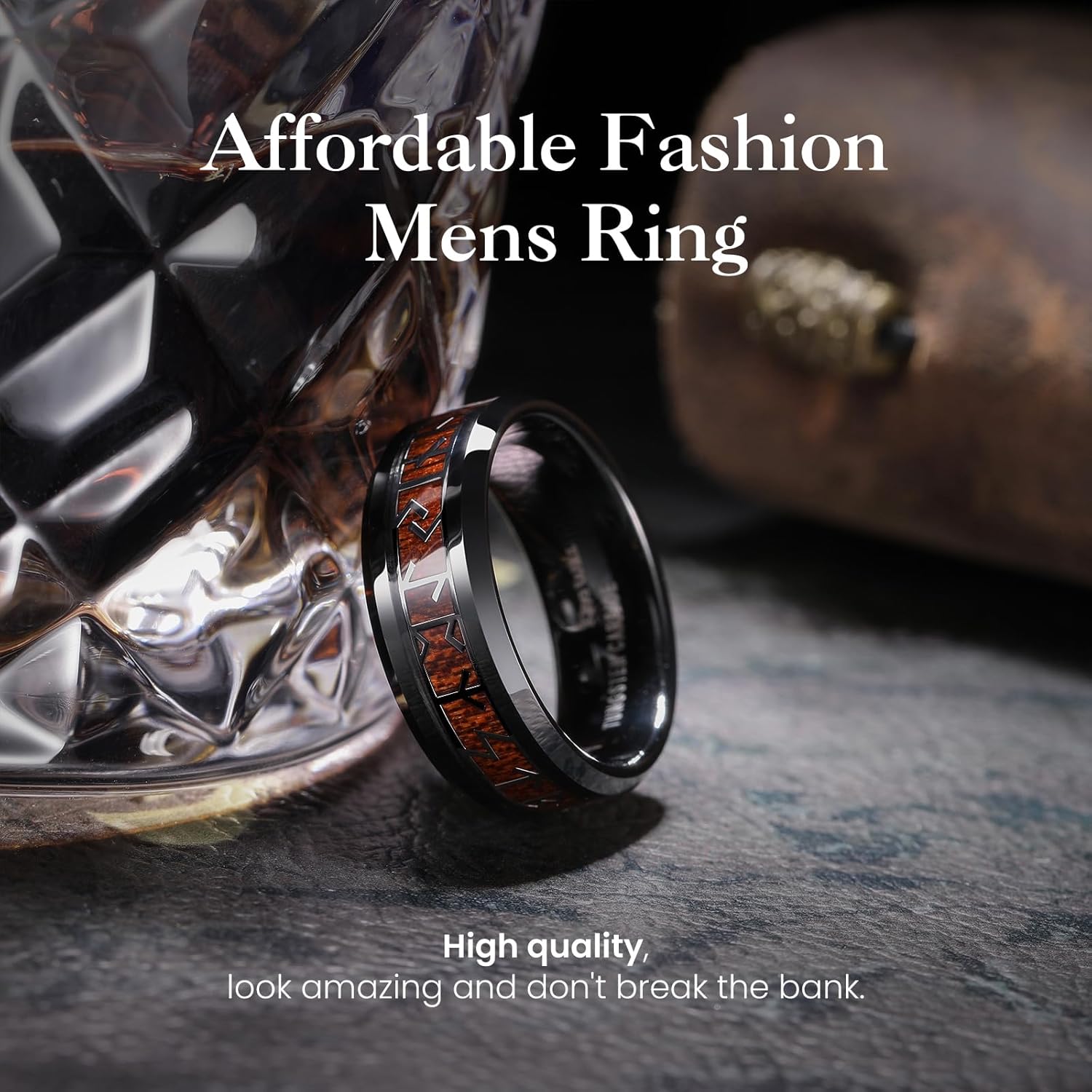 King Will Tungsten Carbide Wedding Band for Men - 8mm Black/Silver/Gold Plated with Norse Viking Rune & Hawaii Koa Wood Inlay Mens Ring, Polished Beveled Edge for Daily Wear, Comfort Fit Size 7-14