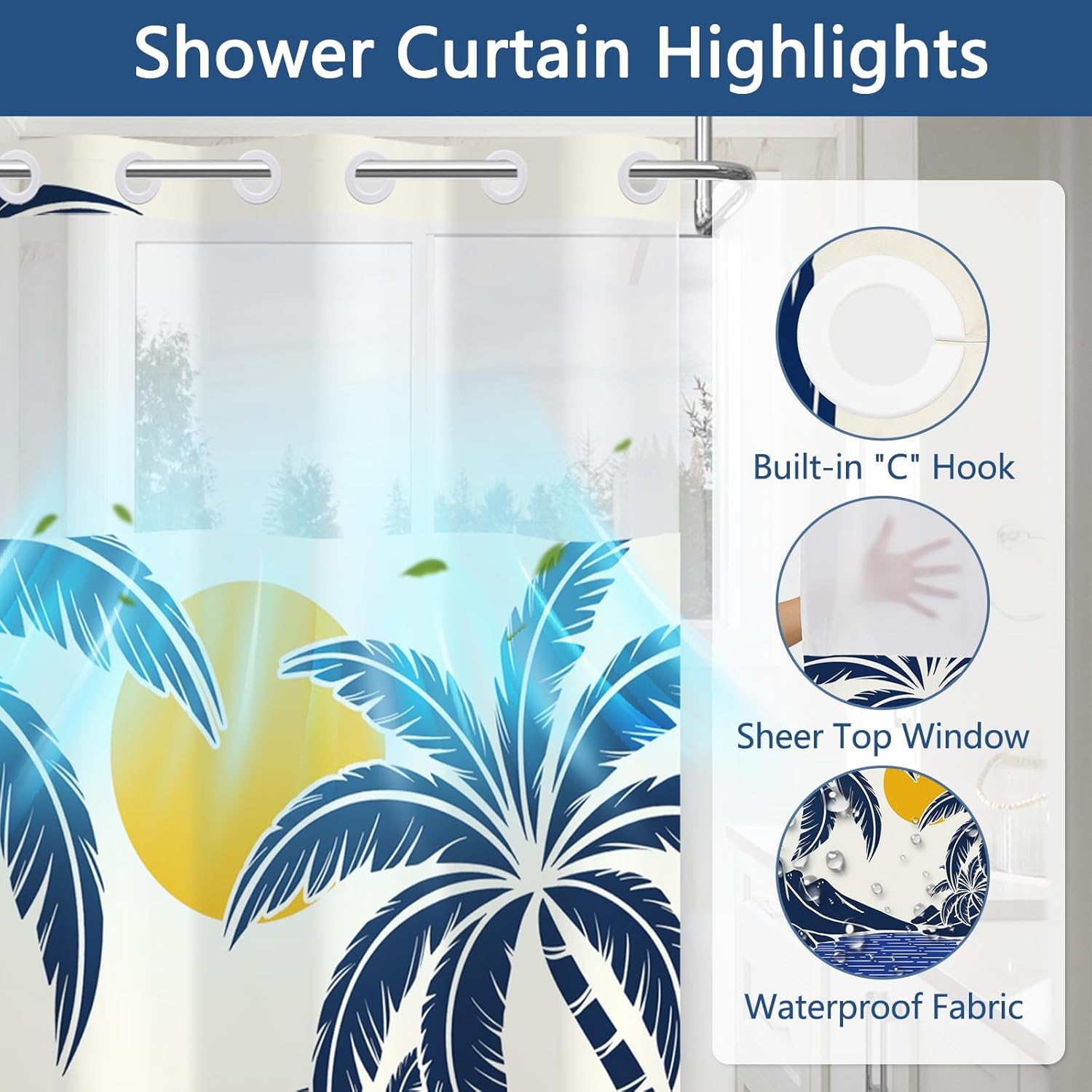 No Hook Shower Curtain with Snap in Liner, Tropical Palm Tree Coast Design Shower Curtains for Bathroom, Double-Layer Waterproof Shower Curtain with Sheer Top Window and Weighted Bottom, 71x74 Inches