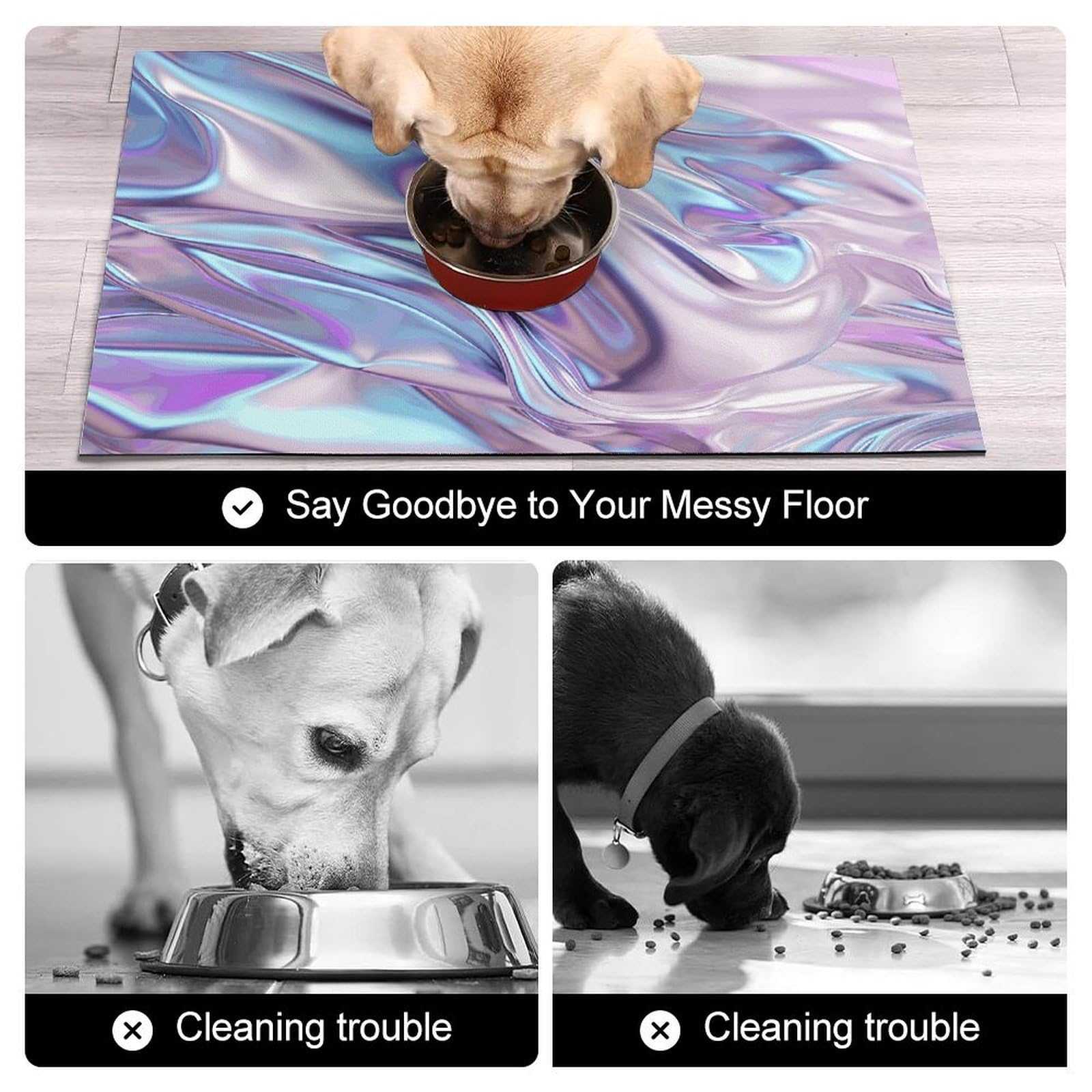 Tapis de nourriture pour chat à texture argentée brillante – Tapis d'alimentation antidérapant pour chien facile à nettoyer pour la nourriture et l'eau, tapis de gamelle pour chien et chat 43,2 x 76,2