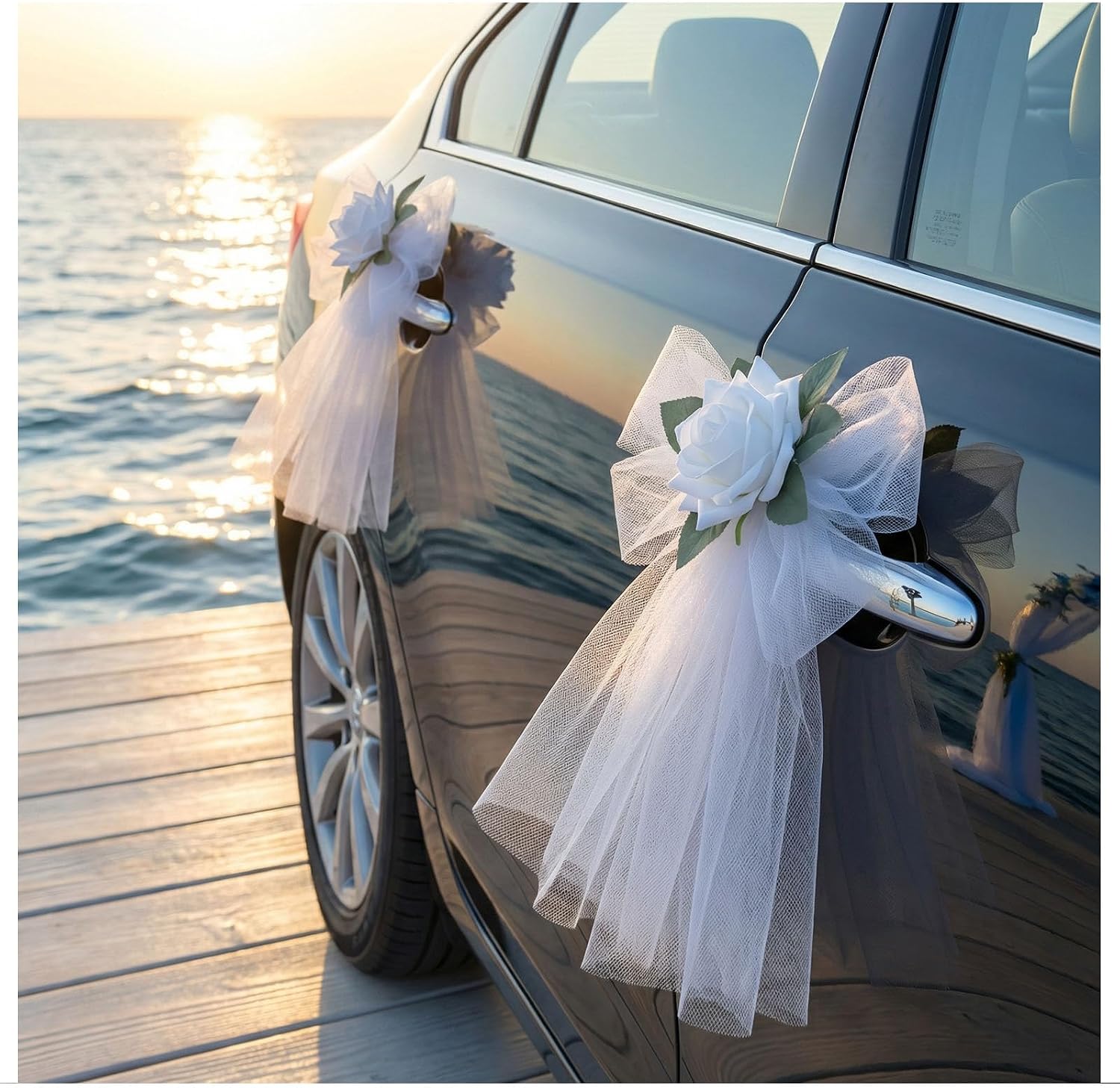 4 Pcs Wedding Car Door Handle Flowers with Tulle and Suction Cups