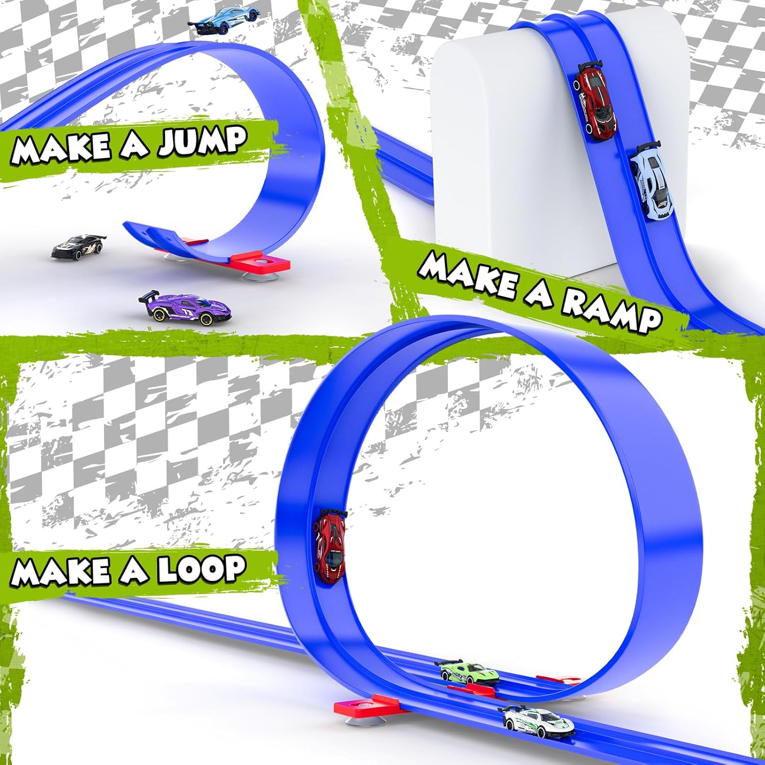 Flexible Race Car Track for Kids, 15Ft Race Track Toy with 4 Cars and Suction Cups, Rolls Up Portable Racetrack Compatible with All 1:64 Cars Toys, Birthday Gifts Toys for Boys Girls