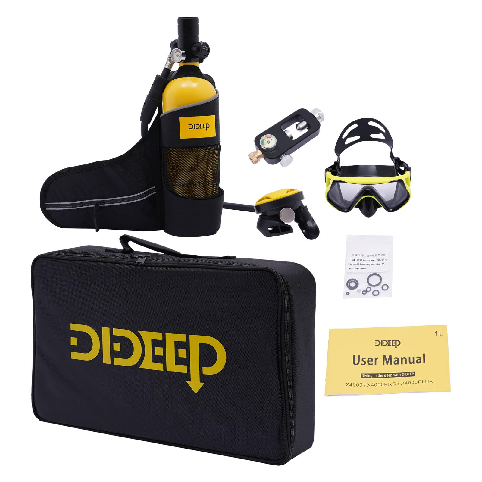 Mini Scuba Tank 1L Portable Diving Tank, 15-20 Minutes Diving Backup Lung Air Tanks Refillable Oxygen Cylinder Kit Reusable Pony Bottle Portable Diving Set Snorkeling Equipment