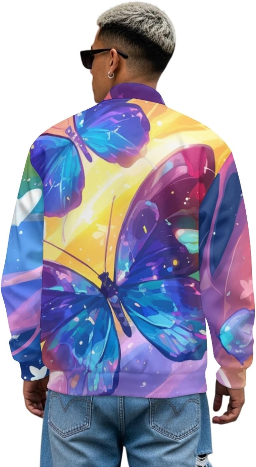Men's 3D Butterfly Printed Novelty Fashion Varsity Baseball Jacket Casual Letterman Bomber Jacket Coat