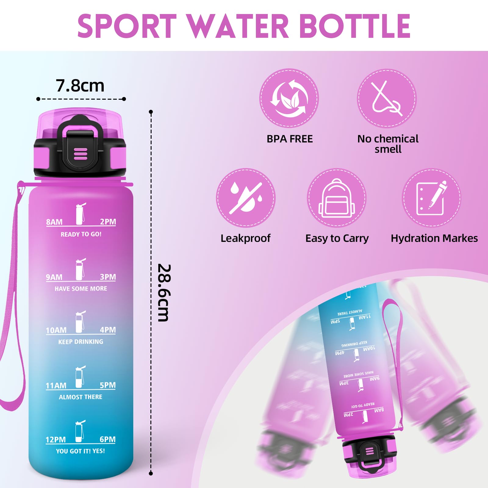 Motswedi Borraccia 1 litro,Riutilizzabile, Borraccia Motivazionale, a Prova di Perdite, Bottiglia Acqua, Senza BPA, Borracce, per Sport, Ufficio, Ciclismo, Palestra, Rosa&Ciano