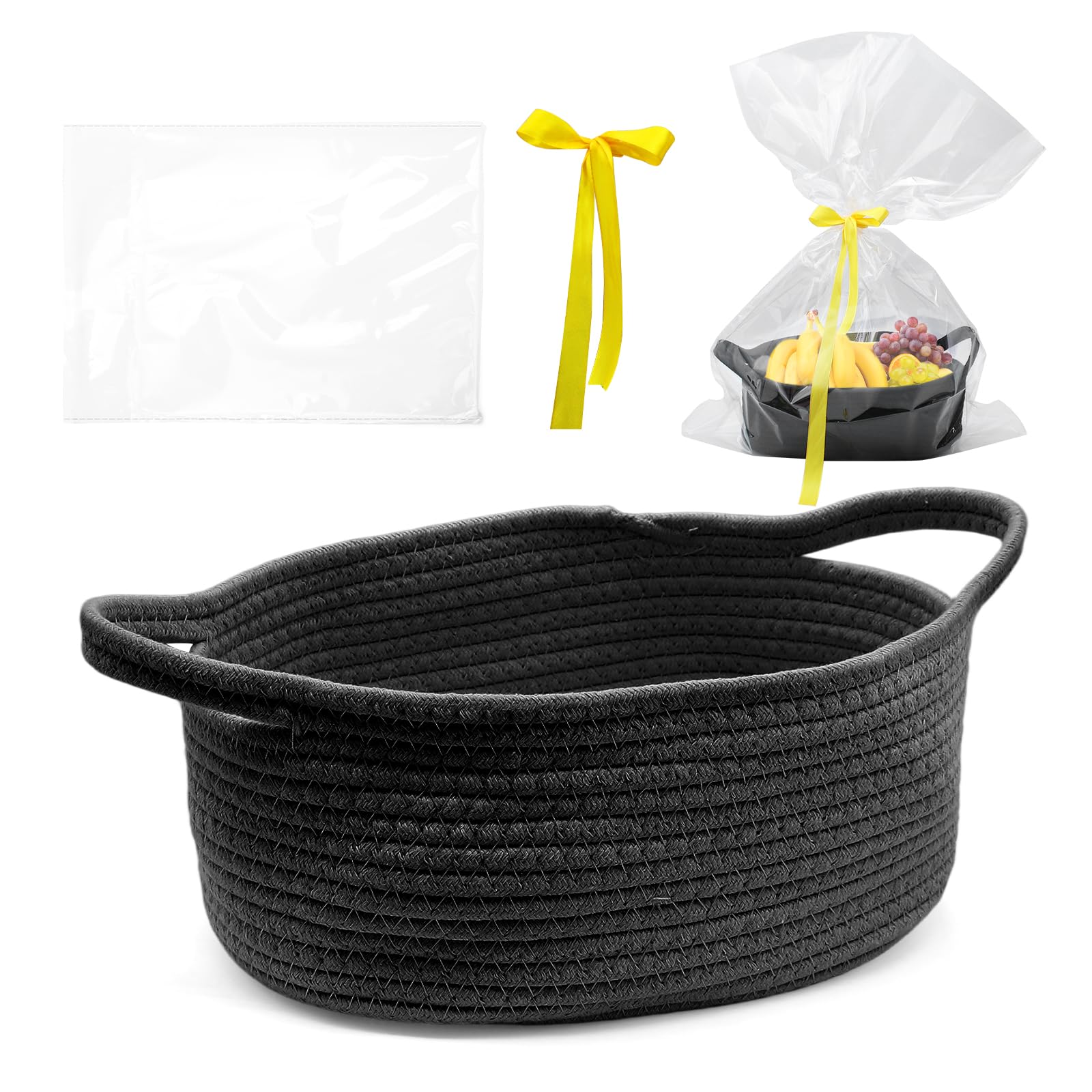 Hiseng Cesti Regalo Vuoto, Cestini Portaoggetti Intrecciato in Corda di Cotone con Sacchetti di Cellophane e Nastro, Cestini Regali per Natale, Matrimoni, Compleanni, Pasqua (Bianco,1