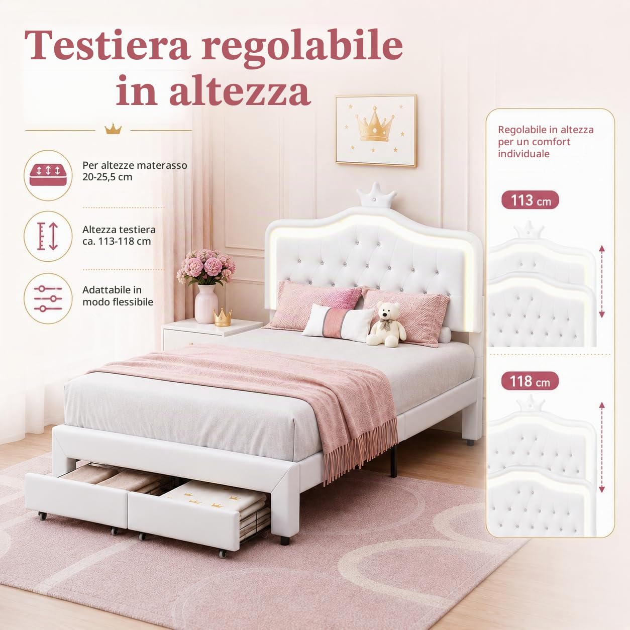Letto imbottito 140 x 200 cm, letto principesse con illuminazione a LED, Letto matrimoniale con Testiera regolabile a forma di corona, Letto per bambini con rete a doghe e cassetto, senza materasso