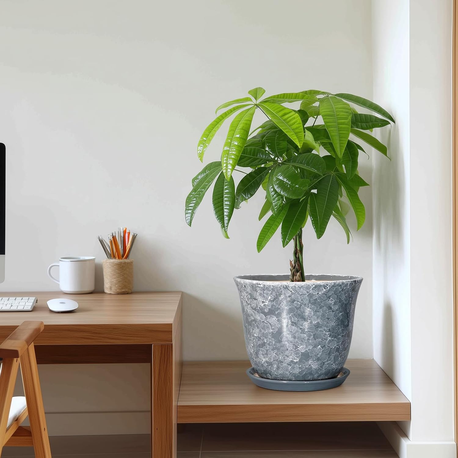 Ceramic Pots for Plants - 10 Inch Planter with Drainage Hole and Saucer, Round Plant Pot for Indoor Outdoor, Decorative Flower Pot, Modern Planter, Garden Decor, Gifts for Plant Lover, Grey