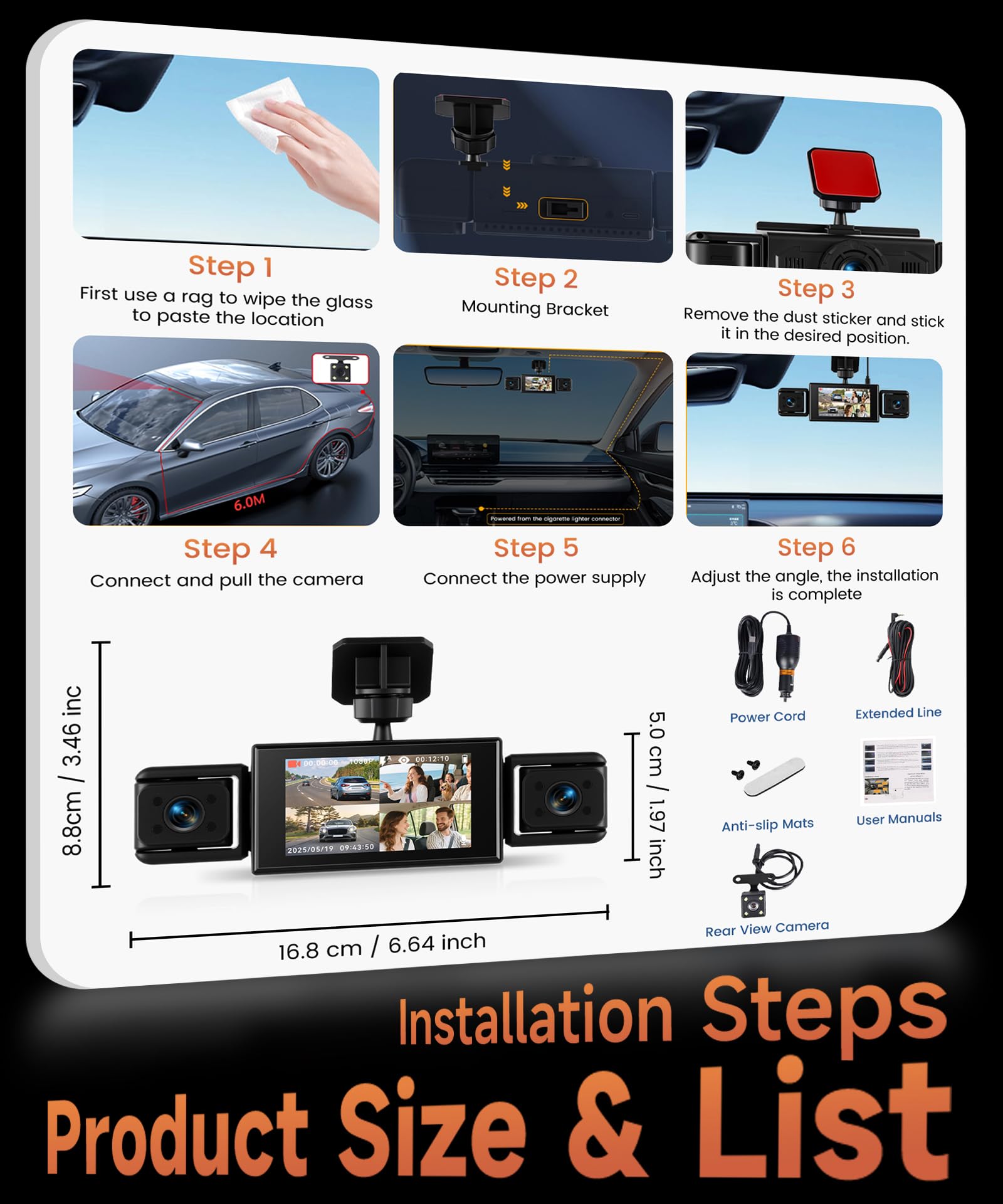 Rimoody 4 Canali Dashcam Auto 360°, 108P 4 Telecamere Anteriore Posteriore Sinistra Destra, 3 Pollici Schermo IPS Dash Cam, Visione Notturna 8 IR, Registrazione in Loop, Monitoraggio Parcheggio 24H