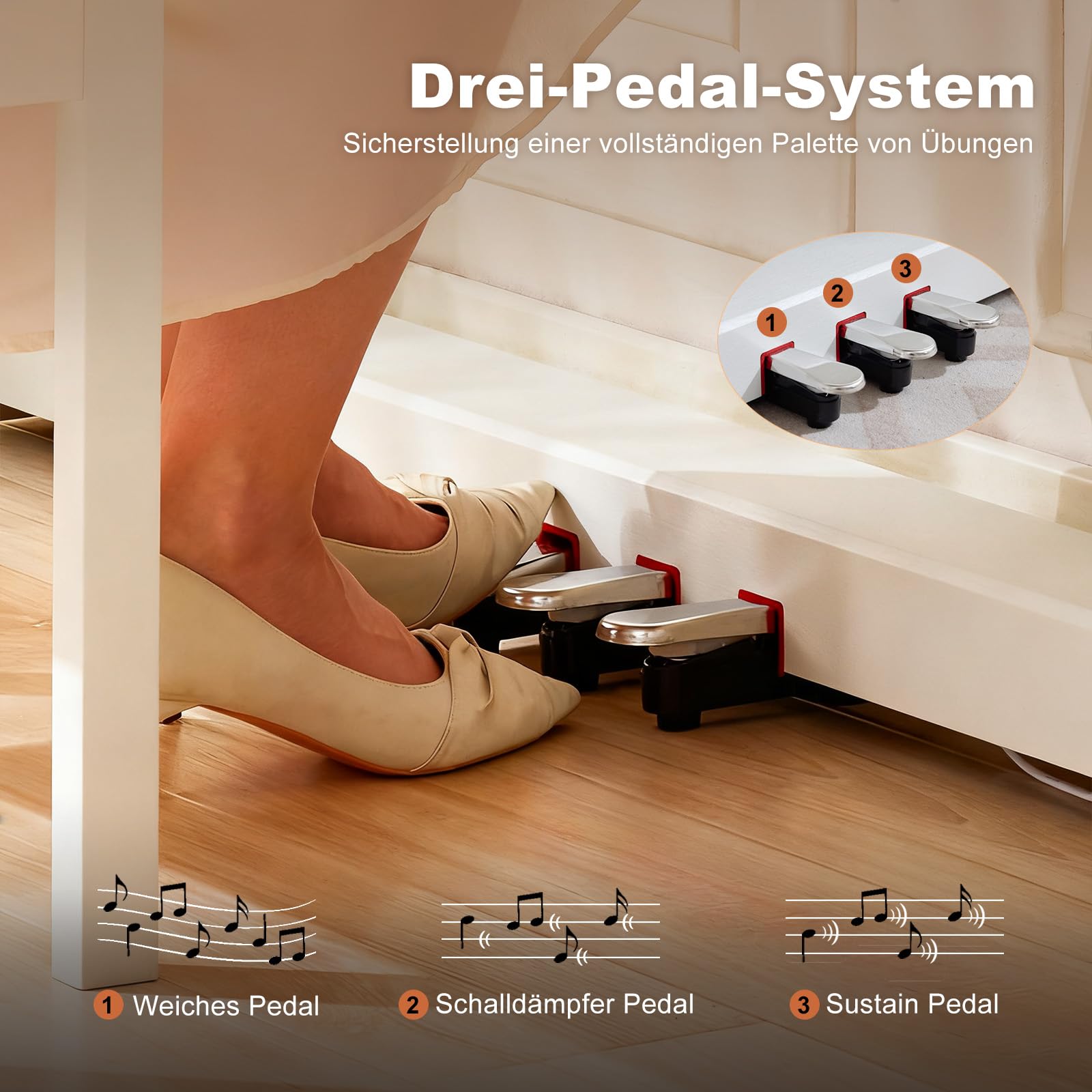 Piano digital MUSTAR de 88 teclas, teclado con tacto semi-ponderado con USB/MIDI y Bluetooth, cubierta semi-abierta, piano electrónico con unidad de 3 pedales, altavoces estéreo, 800 tonos y 64