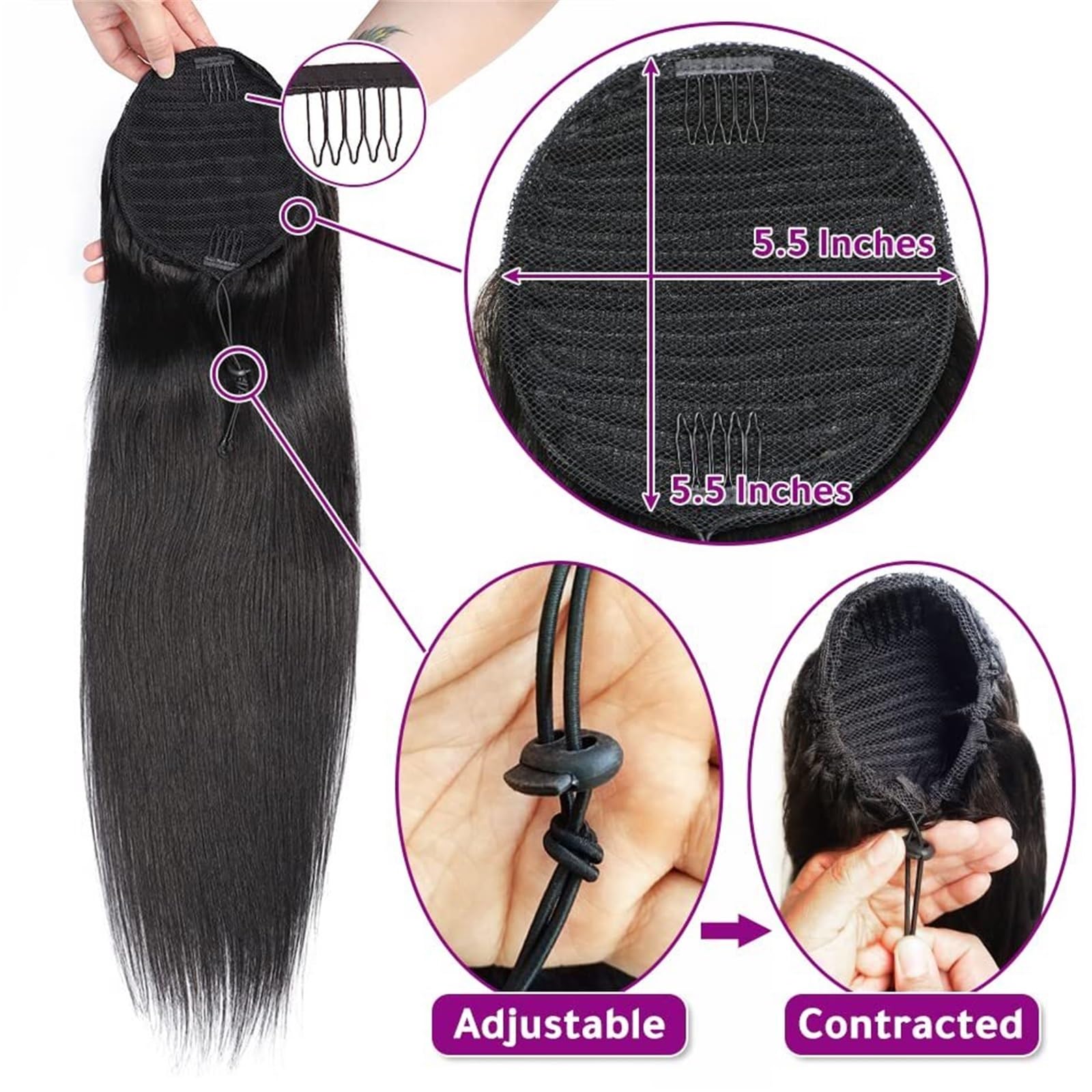 Postiche Extension queue de cheval en cheveux humains brésiliens longs et lisses, 100% Remy Hair, avec cordon serrage, #1B Naturel(22inches)