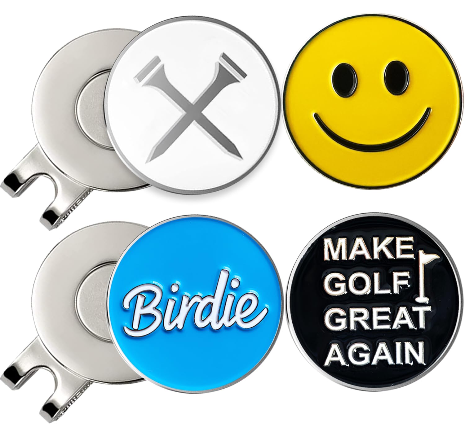 Adhere Golf Ball Markers Personlized Logo Enamel with A Strong Magnetic Hat Clips A Premium Golf Gifts for Golfer (Style P White tees+ Blue Golf Club+Smile+Make Golf Great Again)