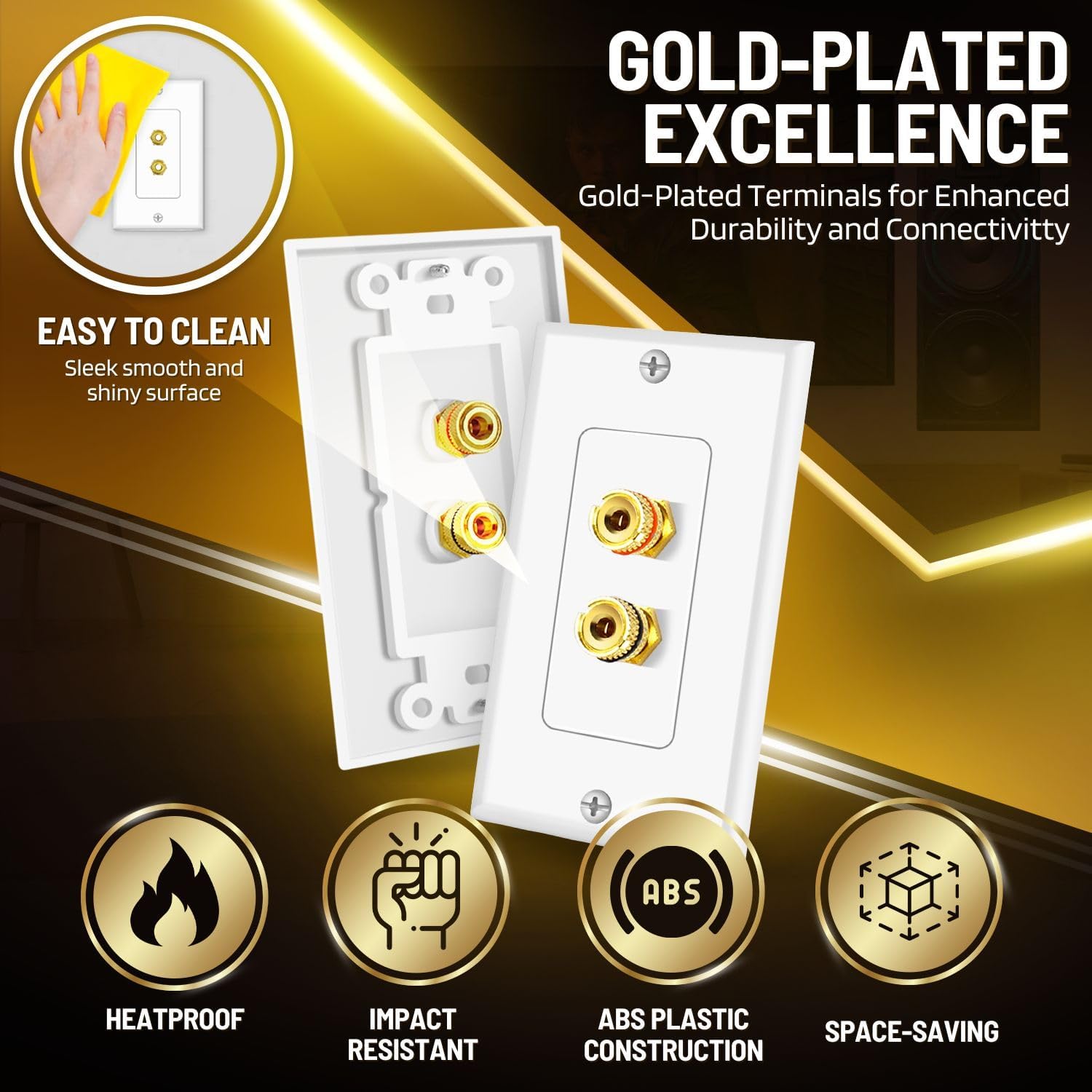 TNP Home Theater Wall Plate - Banana Plug Wall Plate, 1 Speaker Wire Wall Plate with Gold-Plated Terminals, Single Gang Audio Wall Plate, in-Wall Surround Sound Connection Plates, White