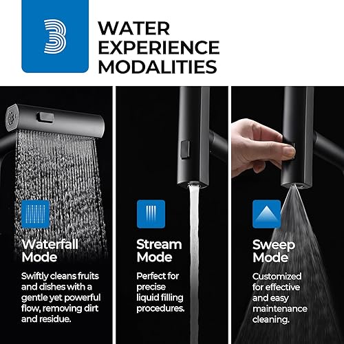 Vista 14 de WEWE Grifo de cocina en cascada con rociador extraíble, 3 modos (barrido/corriente/cascada) modo de interruptor giratorio, grifo de fregadero