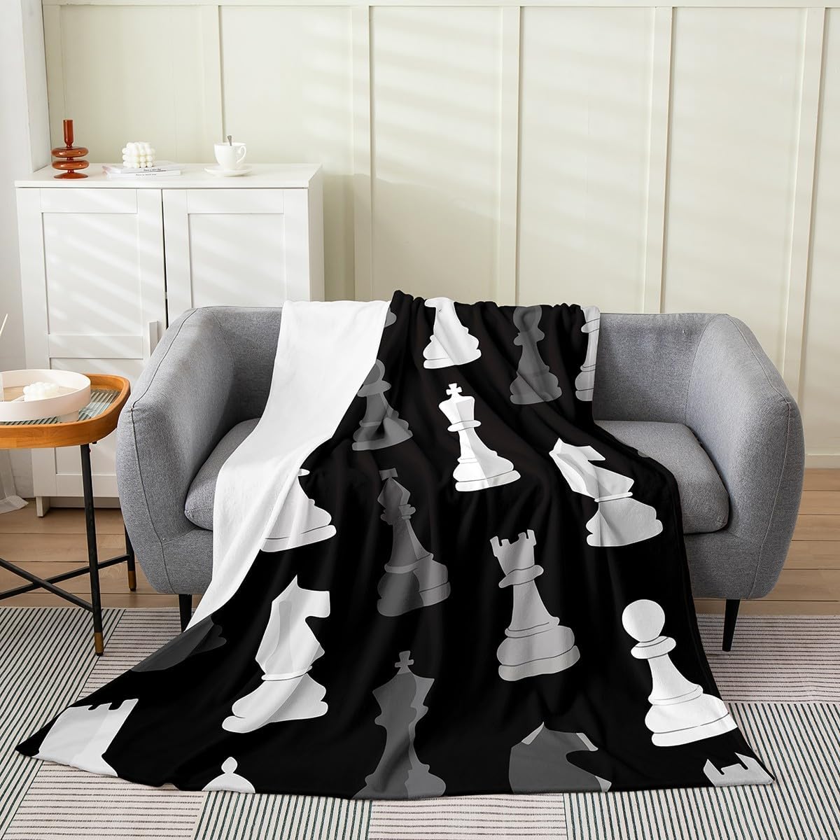 Feelyou Black White Grey International Chess All Season,Bed Blanket Set Chess Board Game Plush Throw Blanket, for Sofa Couch Kids Checkerboard Flannel Fleece Blanket Chess Lovers Queen 90"x90"