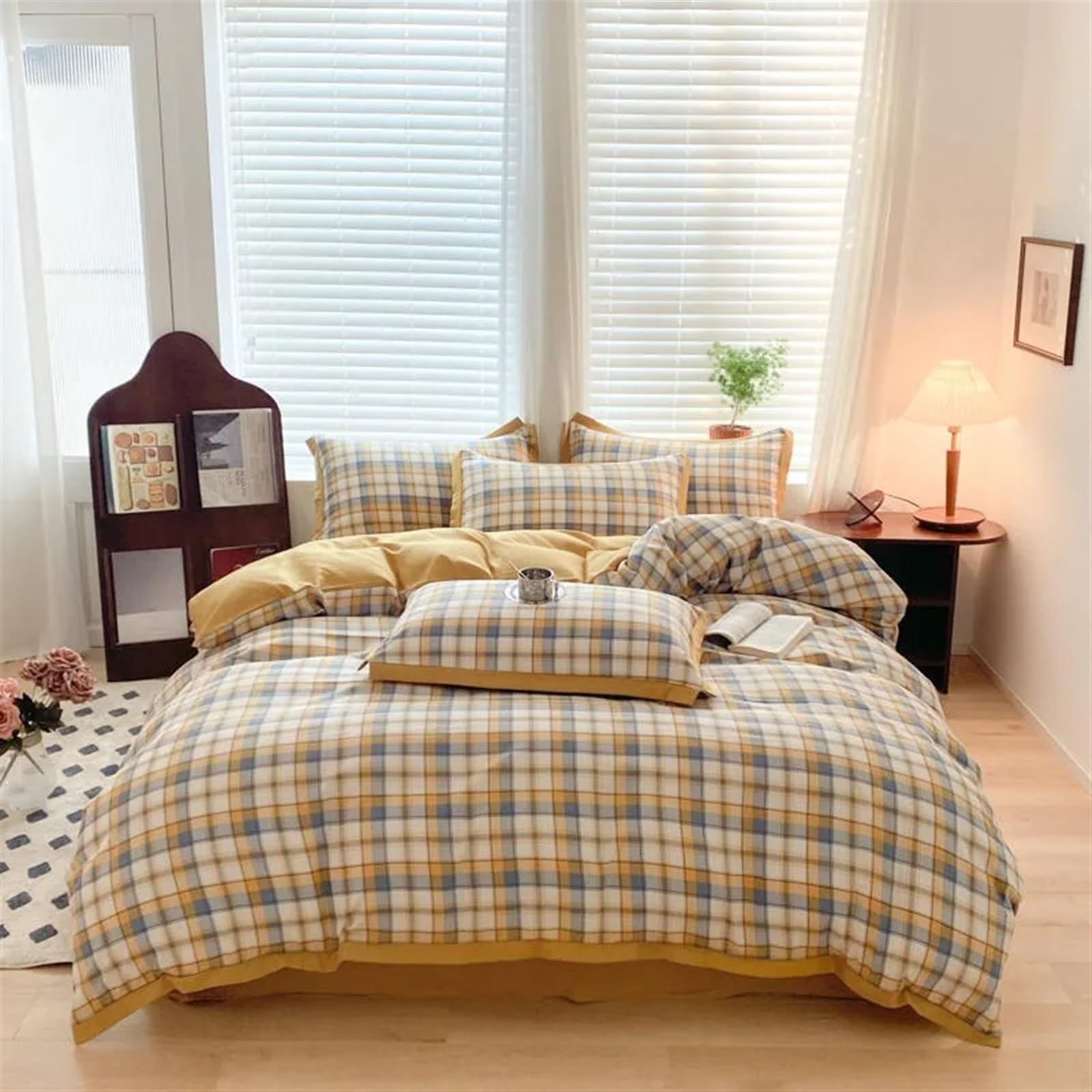 Housse de couette géométrique à carreaux lit Queen parure de lit 4 pièces literie grand format