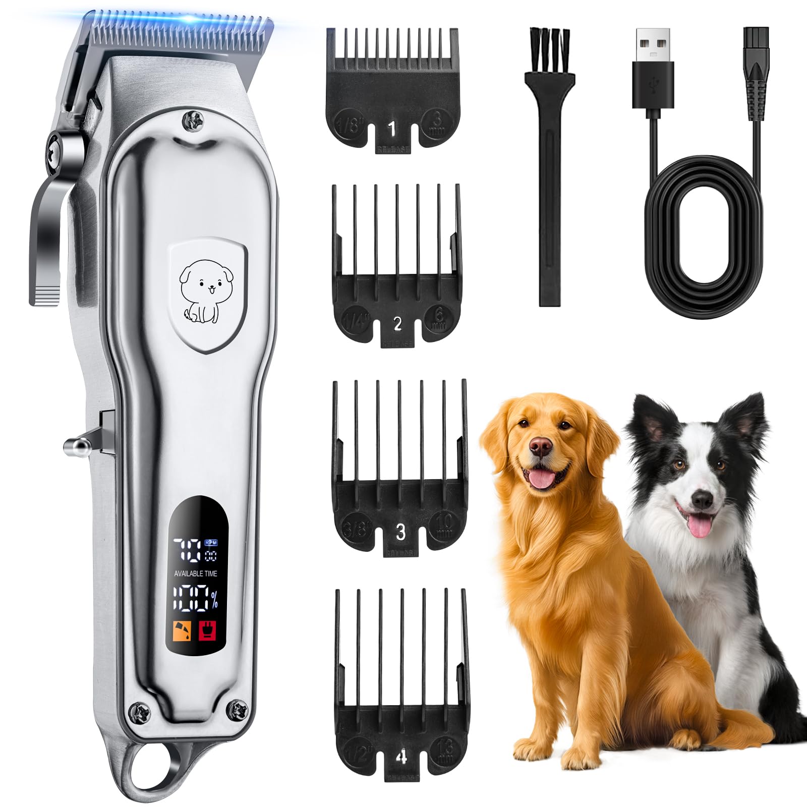 YAZEKY Maquina Cortar pelo Perros Profesional, Cortapelos Perros y Gatos Silenciar, Cortapelos para Mascotas con 4 Cabezales de Corte y Potente Motor para Cuerpo Rostro Orejas Patas y Otras Partes