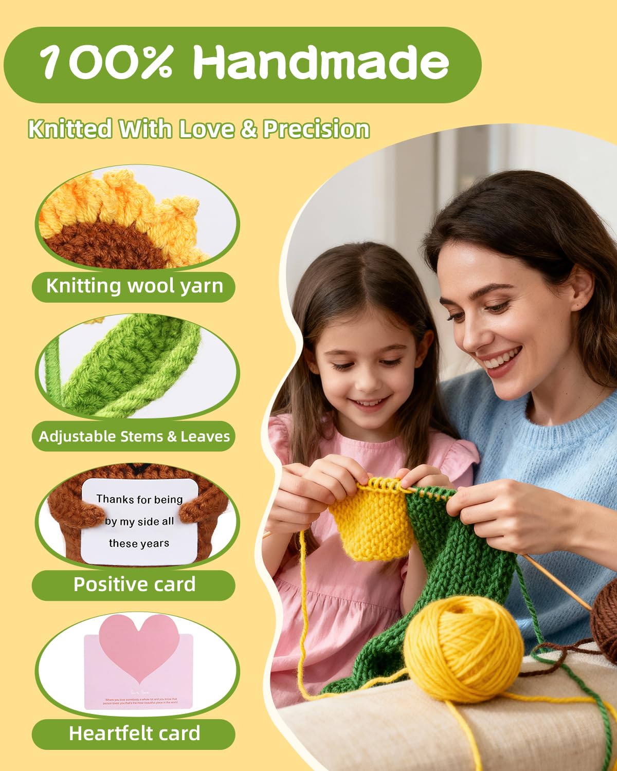 1pcs Knitted Flowers Sunflower Gifts for Women Handmade Knitted Planters with Card Crochet Gifts Birthday Gifts for Women Mom Family Friend Teacher Coworker Xmas Party（Thank）