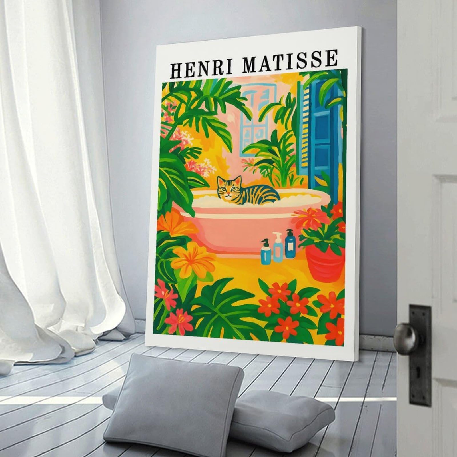 Junmoney Canvas Wall Picture Henri Matisse Style Cat in Bathtub, 24x36inch(60x90cm), for Office, Study Or Home Workspace, Canvas Wall Decor for Creative Rooms