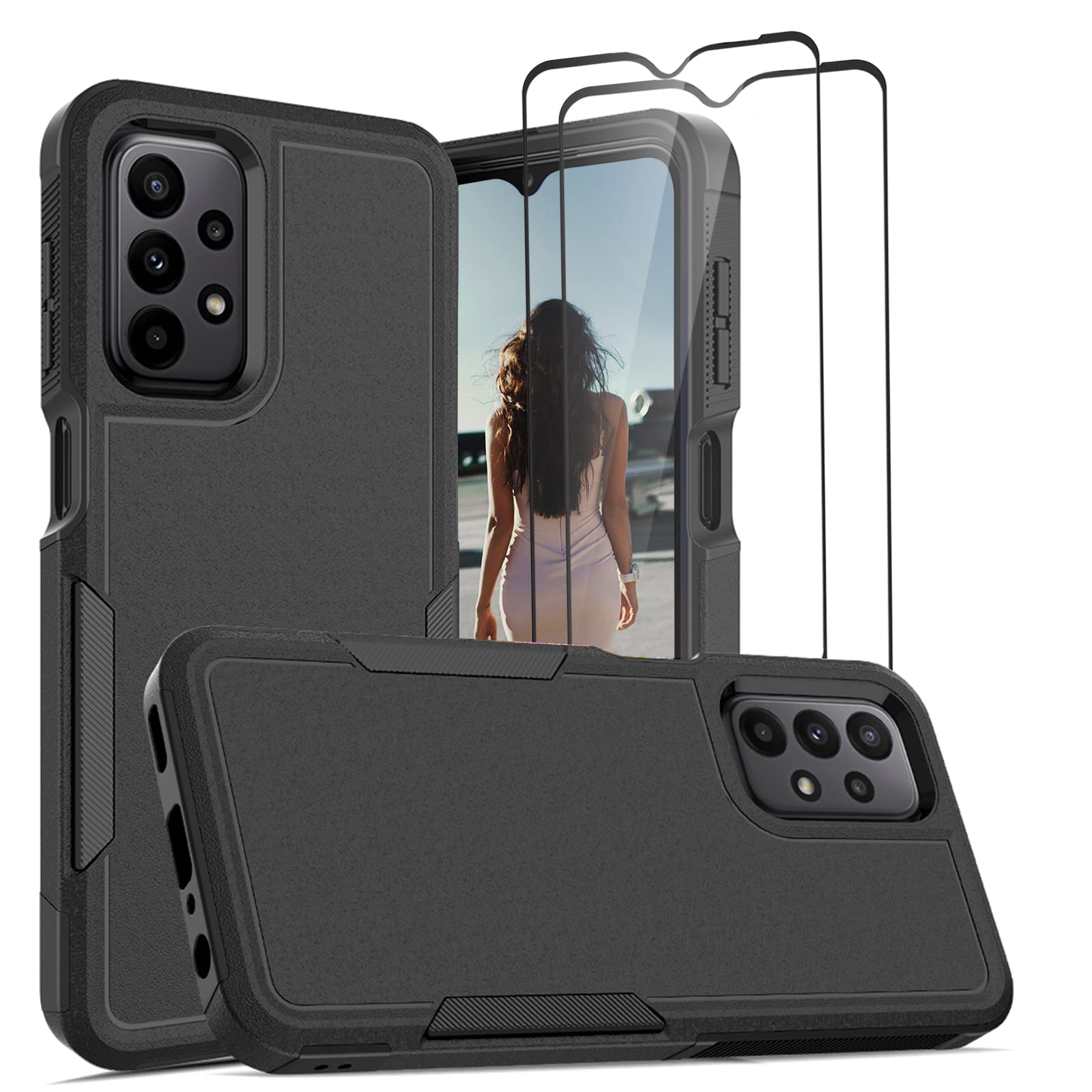 Jeylly for Samsung Galaxy A23 4G/5G Case and [2 Pack] Tempered Glass Screen Protector, Slim Thin Hybrid Dual Layer Hard PC Soft TPU Shockproof