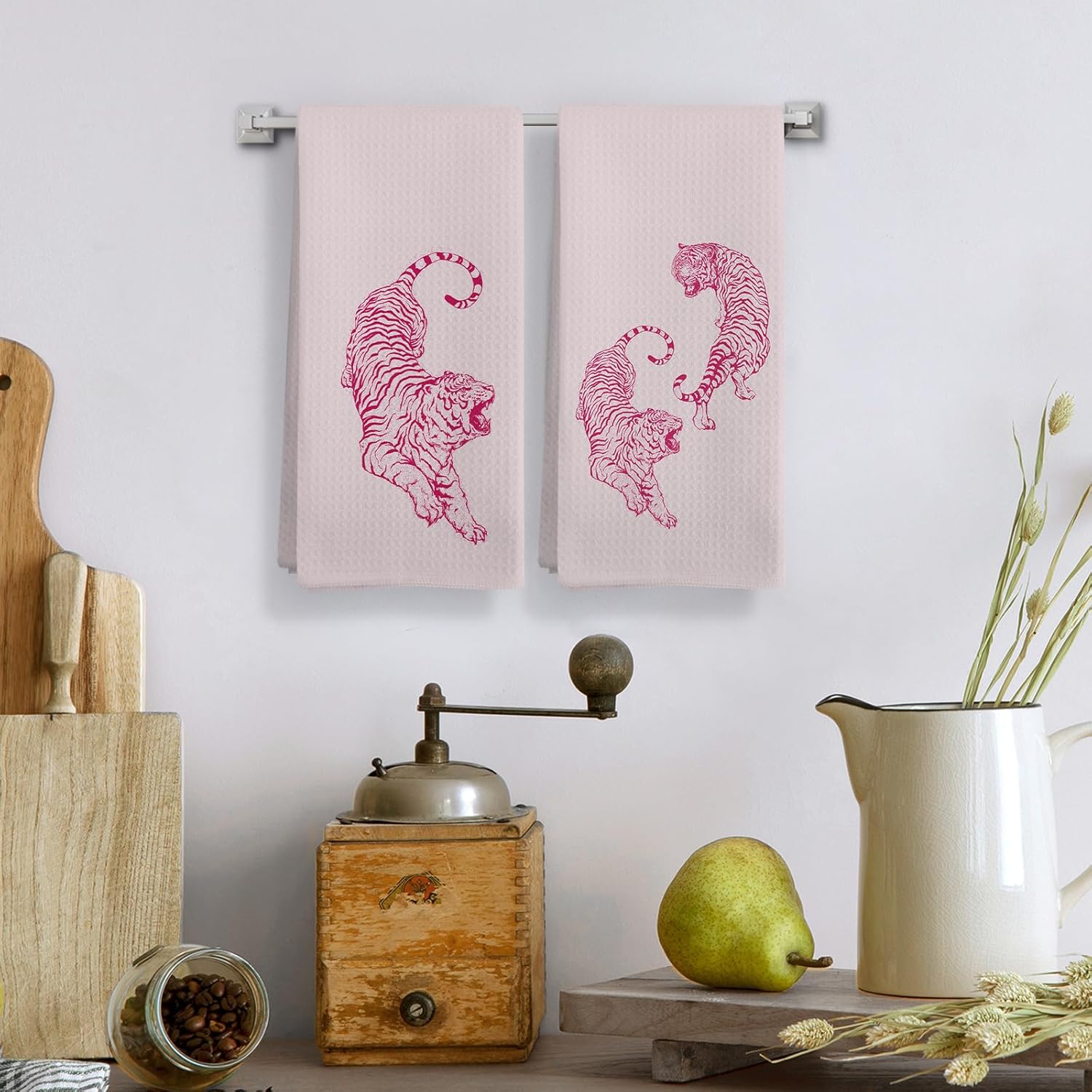 Preppy Pink Tiger Kitchen Towels, Coquette Trendy Tigers Kitchen Towels Decorative Set of 2, Preppy Room Decor, Tiger Decor, Retro Western Tiger Hand Dish Tea Towels for College Dorm 16X24In - Image 2