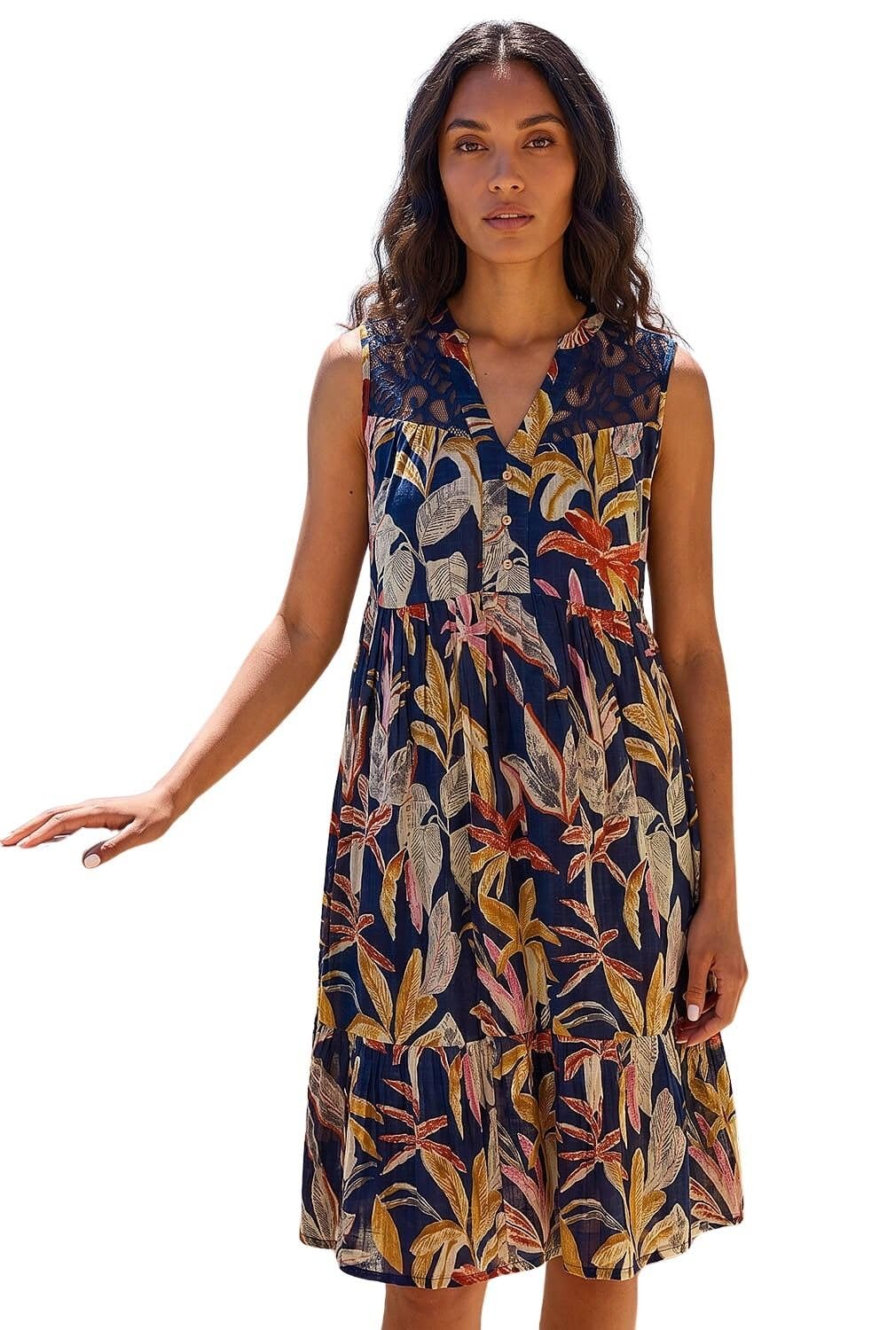 Roman Cotton Tropical Lace Detail Tiered Dress