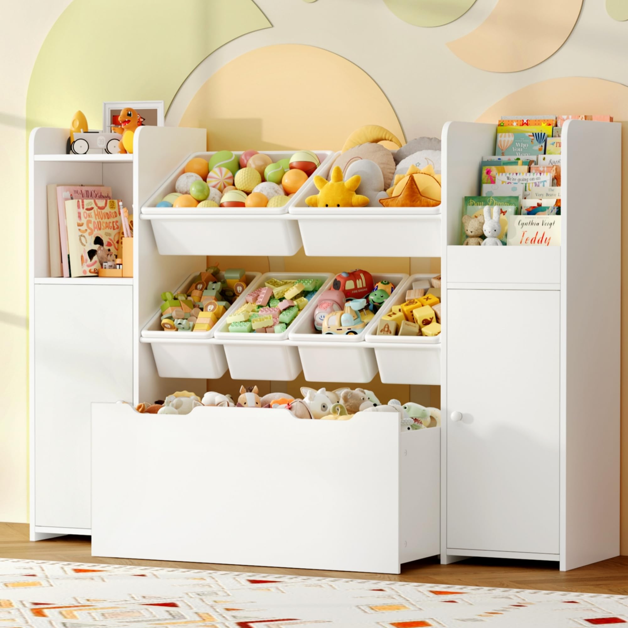 FOREHILL Organizador Juguetes, Estantería Infantil, 1 Cajón Grande, Blanco | 6 Cajas Extraíbles, 1 Cajón Grande, 2 Puertas, Estantería para Habitación Infantil Dormitorios Guardería, 138x30x94cm