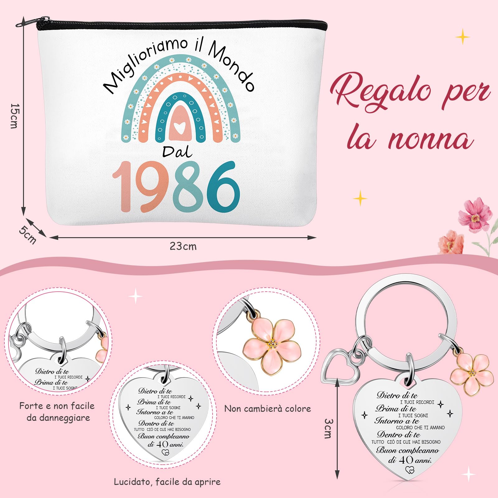Jadive Regalo 40 Anni Donna Compreso Borsa Cosmetica per Donna Calzini e Portachiavi Ideale Come Regalo Di Compleanno Per Moglie, Sorella O Amica, Celebrare 40 Anni Di Compleanno Donna(1986)