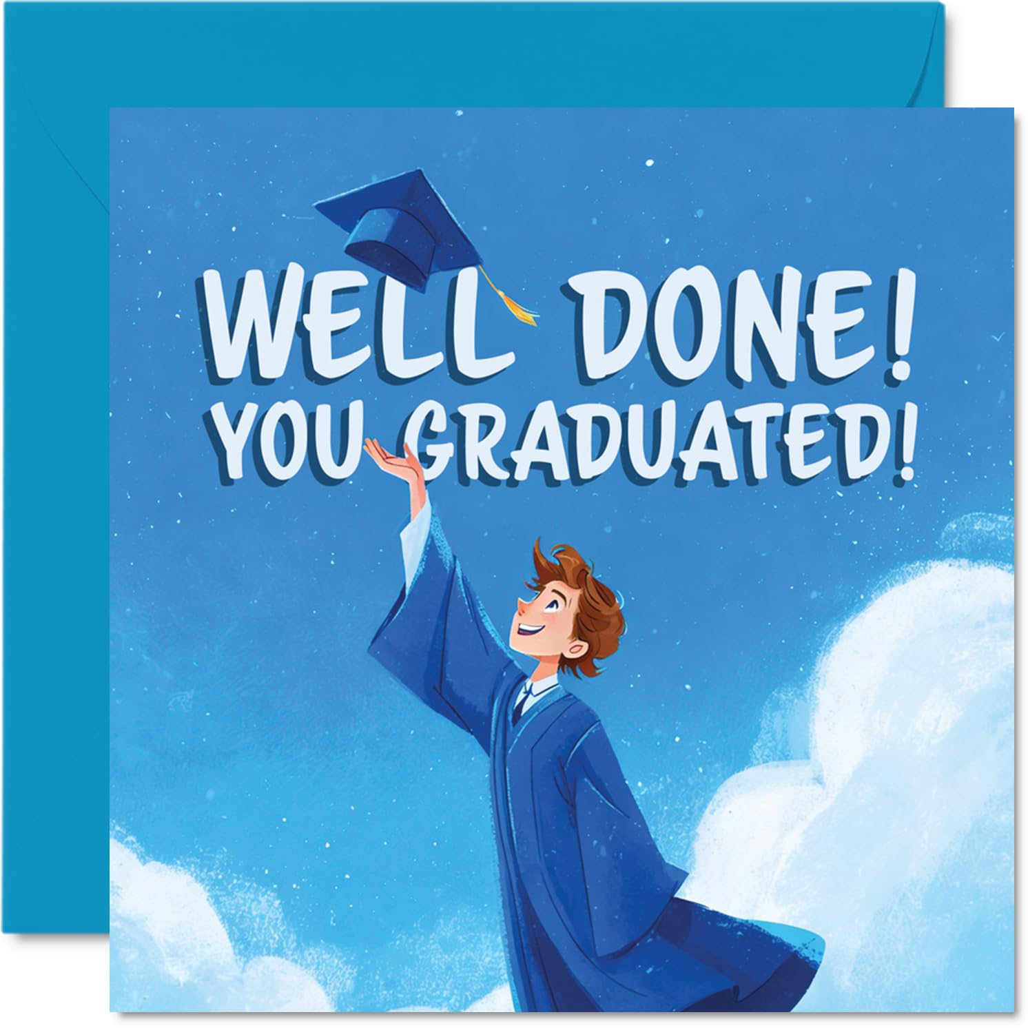 Proud Graduation Card - Hats off to Your Achievement - Joyful Graduate Tossing Cap Against Blue Sky - Perfect for Celebrating Their Big Moment - 145mm Square, Envelope Included