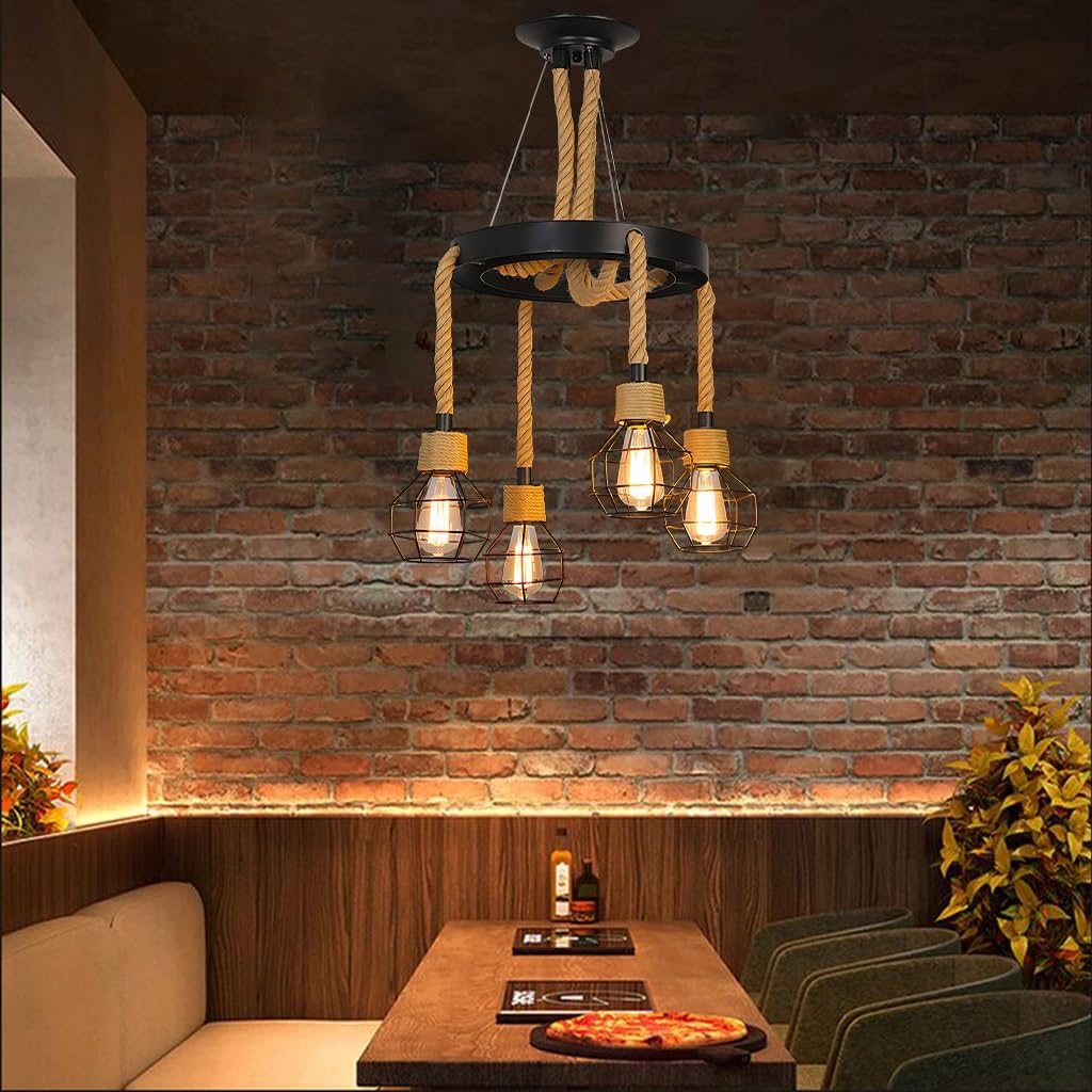 Ruirfh Black 6 Lights Industrial Vintage Pendant Light Hemp Rope Chandelier Metal Wagon Wheel Rustic Art Deco Style Hanging Ceiling Lighting Fixture Adjustable Height For Dining Room Living Room Home