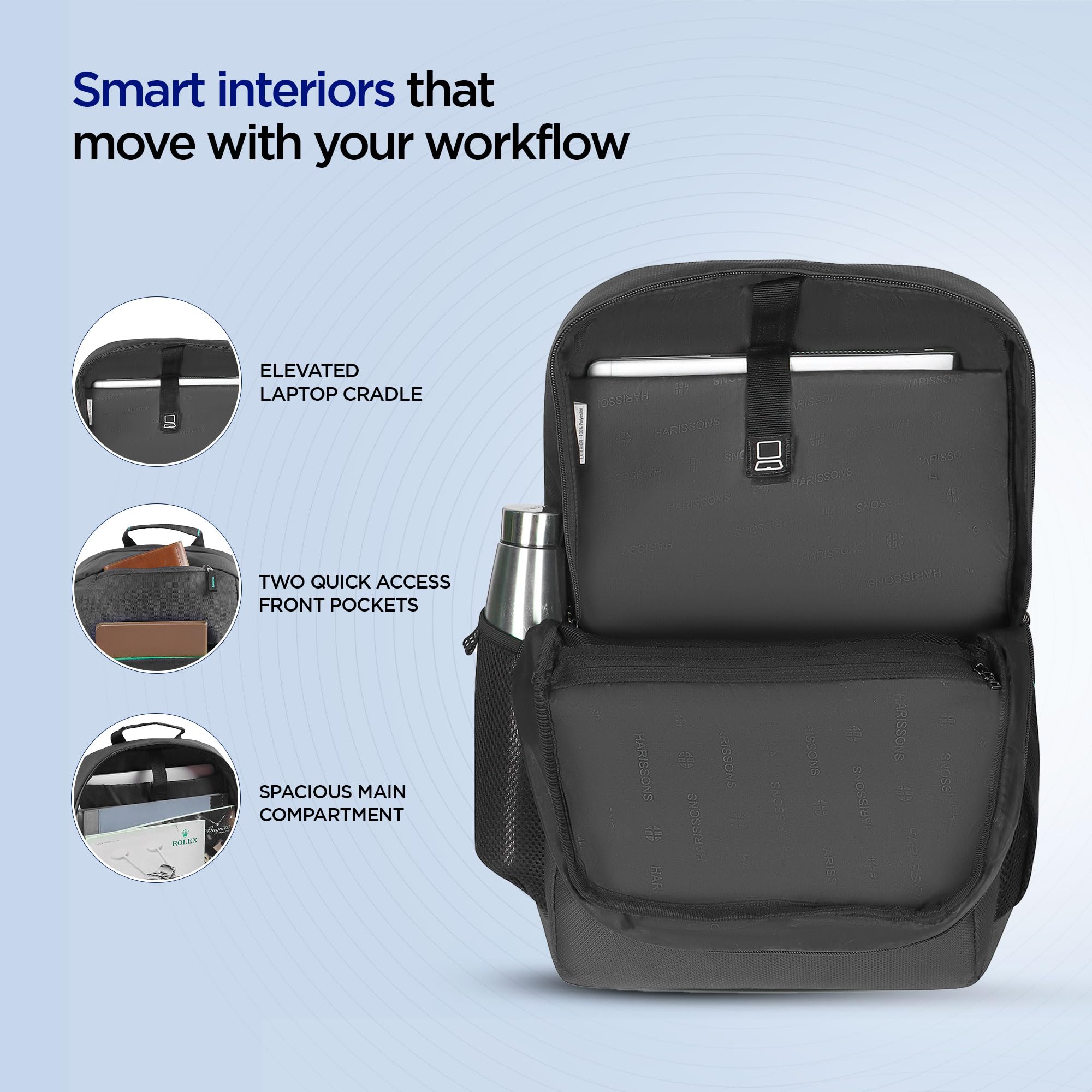 HARISSONS Nemesis 15.6 Inch Semi-Formal Laptop Backpack for Men & Women | Dual Bottle Holders, Reflectors for Night Commute | Lightweight 25L Office Bag | Trolley Sleeve Compatible 1