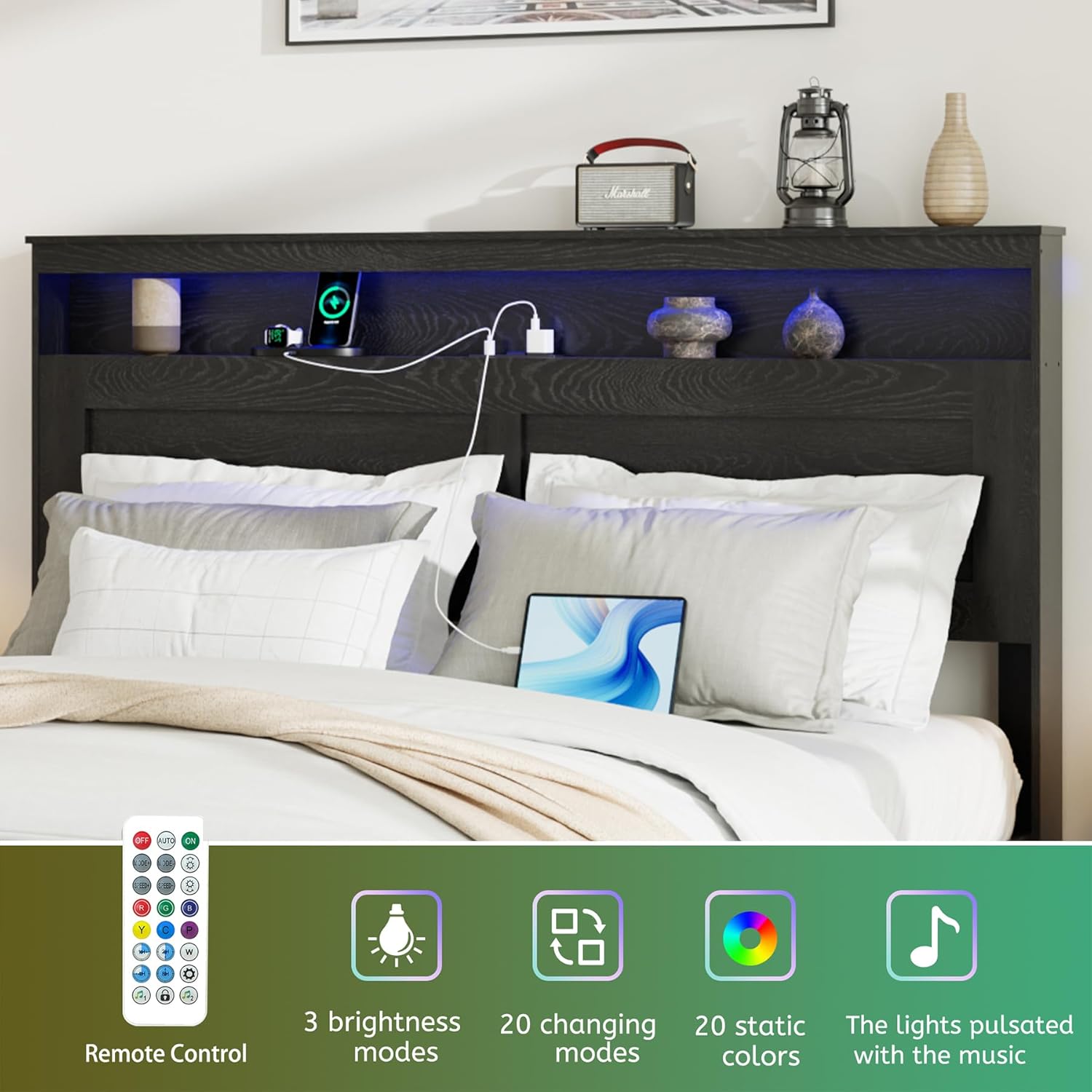 Farmhouse King Size Bed Frame, Wooden Platform Bed Frame with Storage Headboard, Charging Station, Solid and Stable, Noise Free, No Box Spring Needed, Easy Assembly, Black