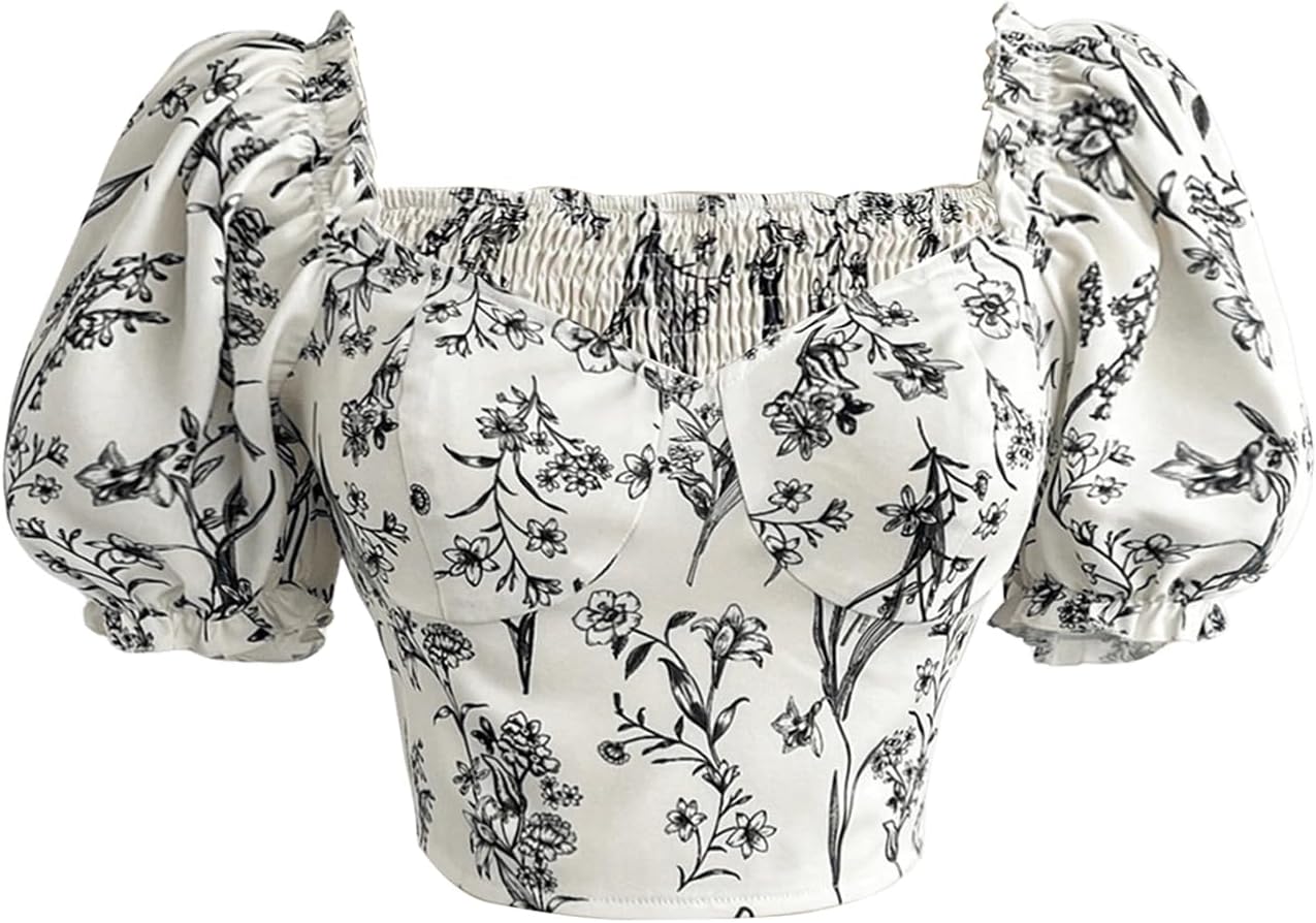 SweatyRocks Women's Puff Short Sleeve Floral Blouses Sweetheart Neck Vacation Summer Crop Tops
