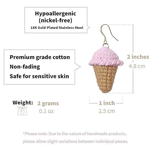 Vista 20 de Crochet Earrings - 100% HANDMADE Hypoallergenic Jewelry Cute Women's Gift (Ice Cream Cone - Cream Vanilla) Baby Chick,Ice Cream Cone - Cream