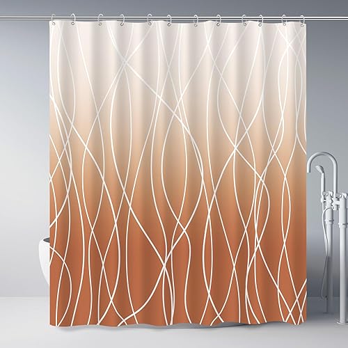 Punkray Cortina de ducha de tela a rayas naranja quemada para baño con 12 ganchos, cortinas de ducha para baño, accesorios de baño impermeables