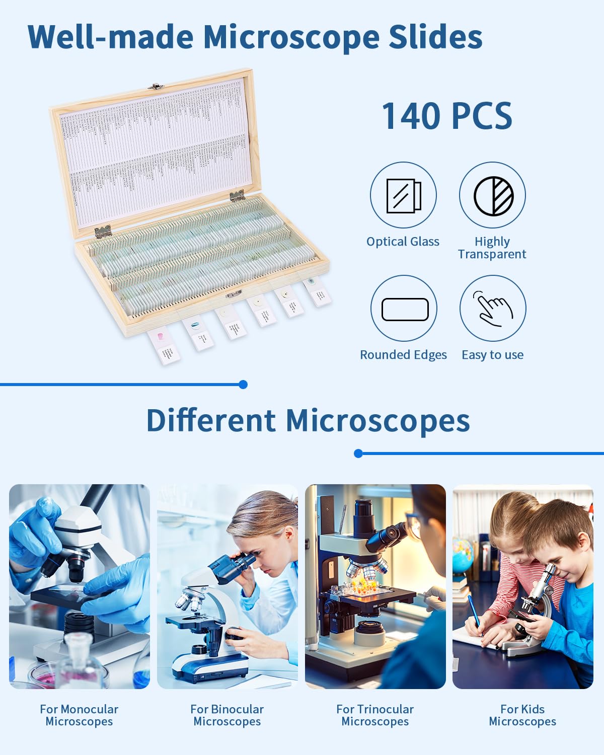 140 portaobjetos de microscopio con especímenes, portaobjetos de vidrio prefabricados con muestras, portaobjetos educativos y cubiertas de microscopio para jóvenes científicos, perfectas para clases