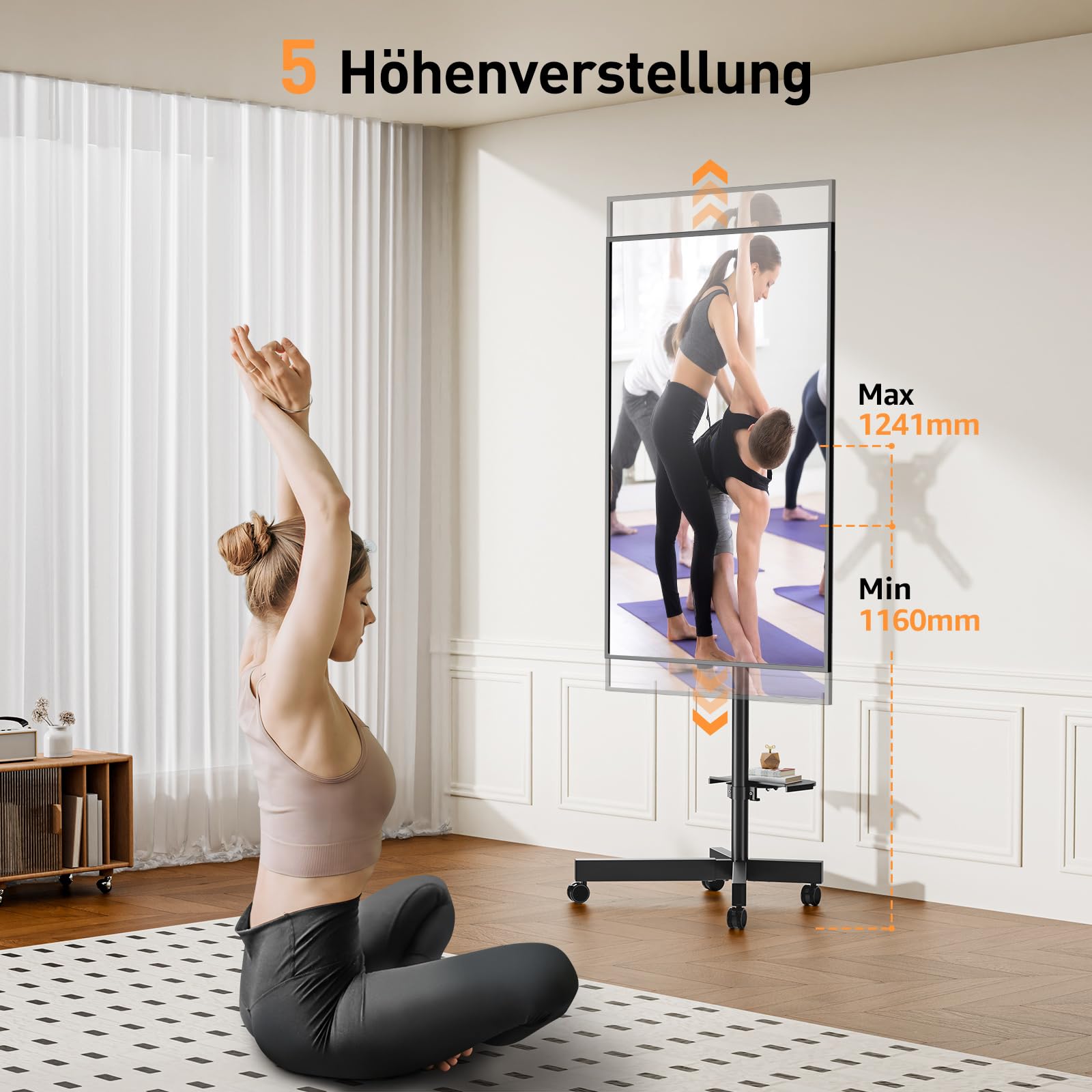 ELIVED TV Ständer Rollbar für 23-60'' TVs bis zu 35kg Max VESA 400x400mm | TV Standfuss mit Rollen Höhenverstellbar 90° Drehung Bodenständer EV2114B